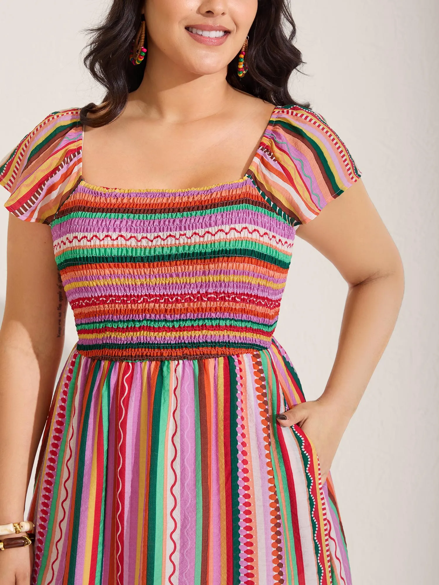 Colorful Stripe Flutter Sleeve Pockets Midi Dress sold by Bloomchic product image thumbnail 2