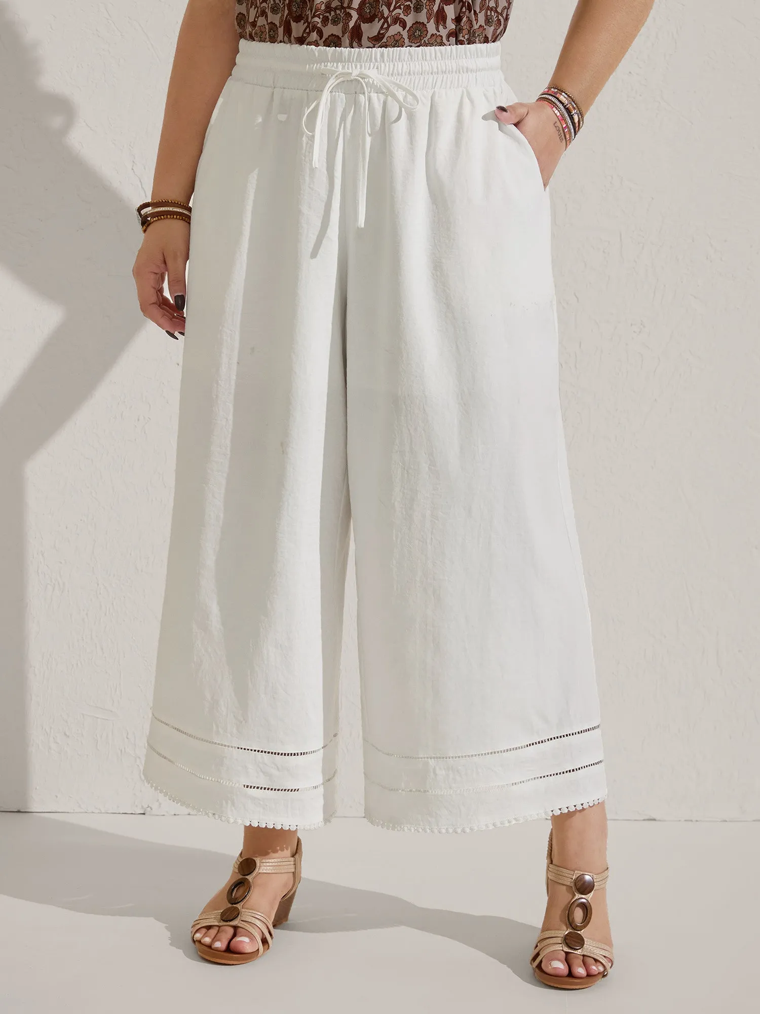 Lace Trim Wide-Leg Tie Pants sold by Bloomchic