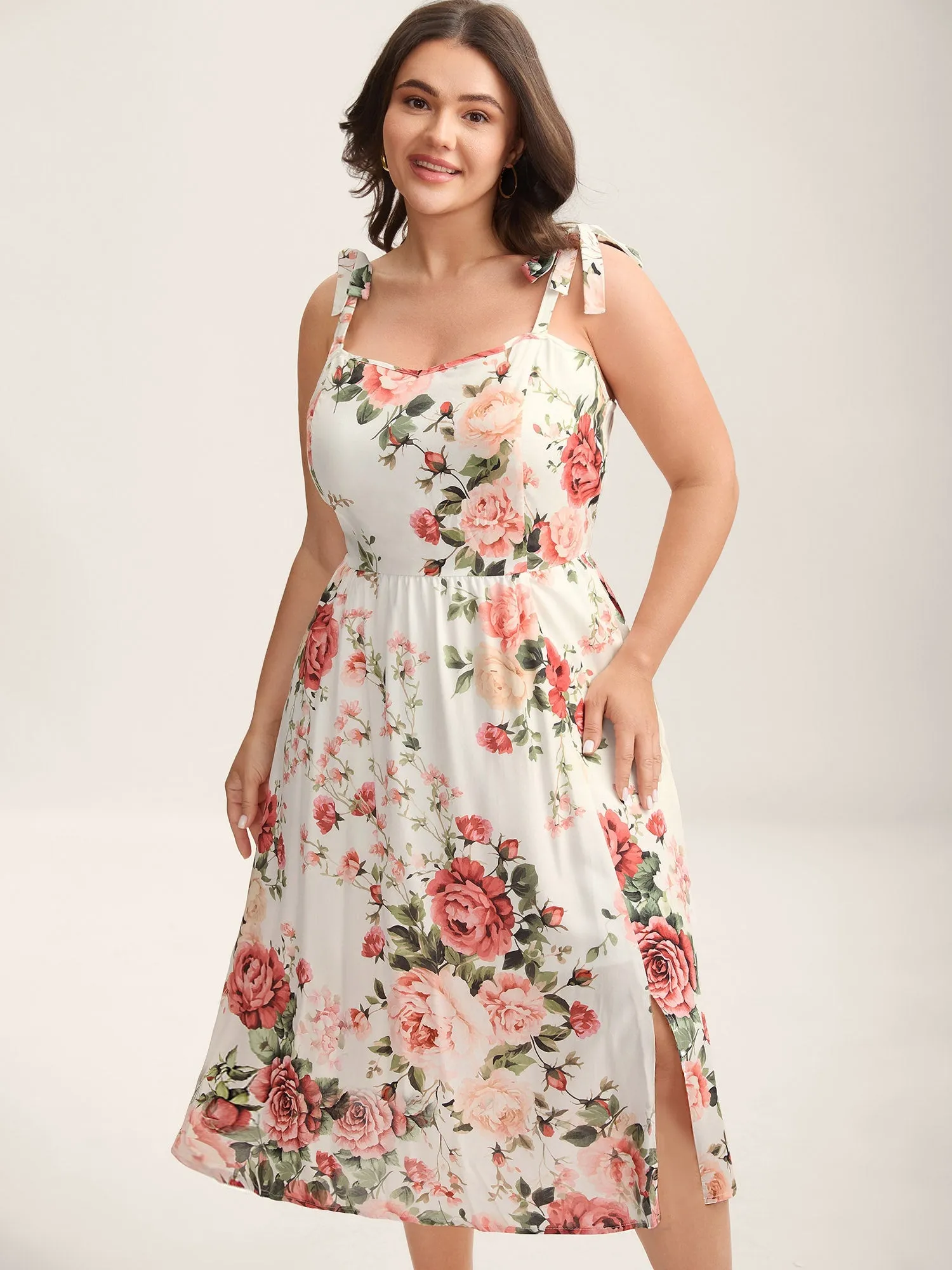 Rosy Print Bow Strap Pockets Midi Dress sold by Bloomchic