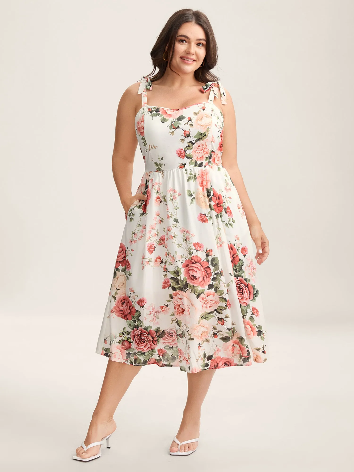 Rosy Print Bow Strap Pockets Midi Dress sold by Bloomchic product image thumbnail 3