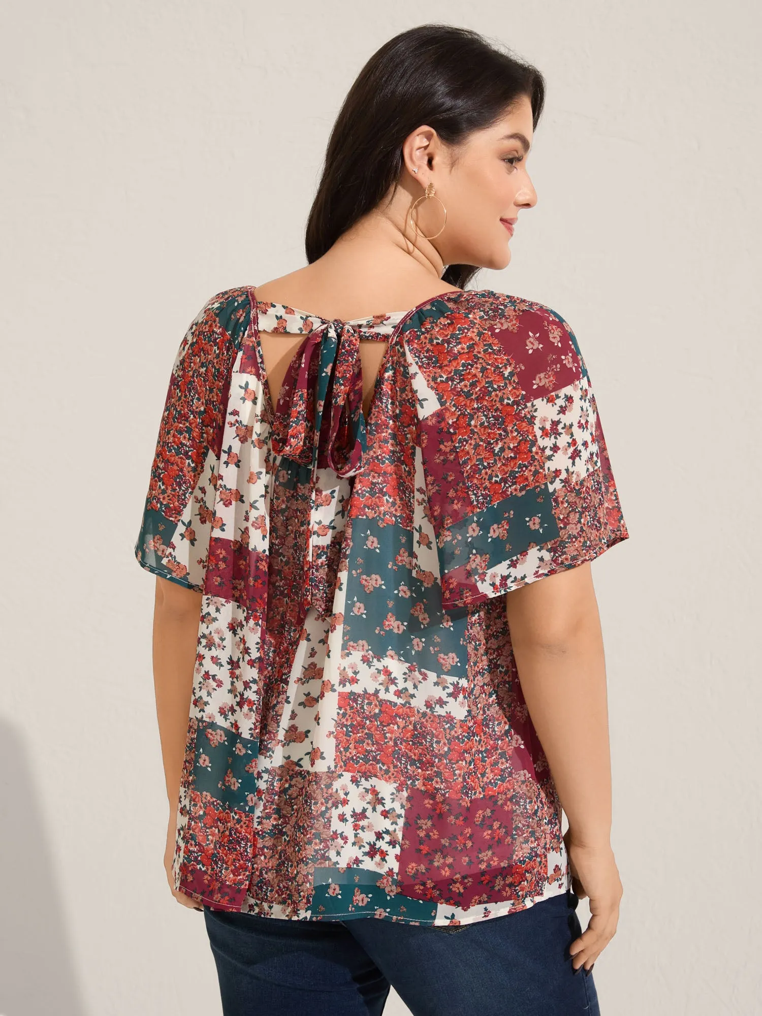 Boho Collage Print Backless Tie Blouse sold by Bloomchic