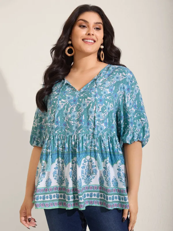 Boho Floral Print Color Contrast Blouse sold by Bloomchic