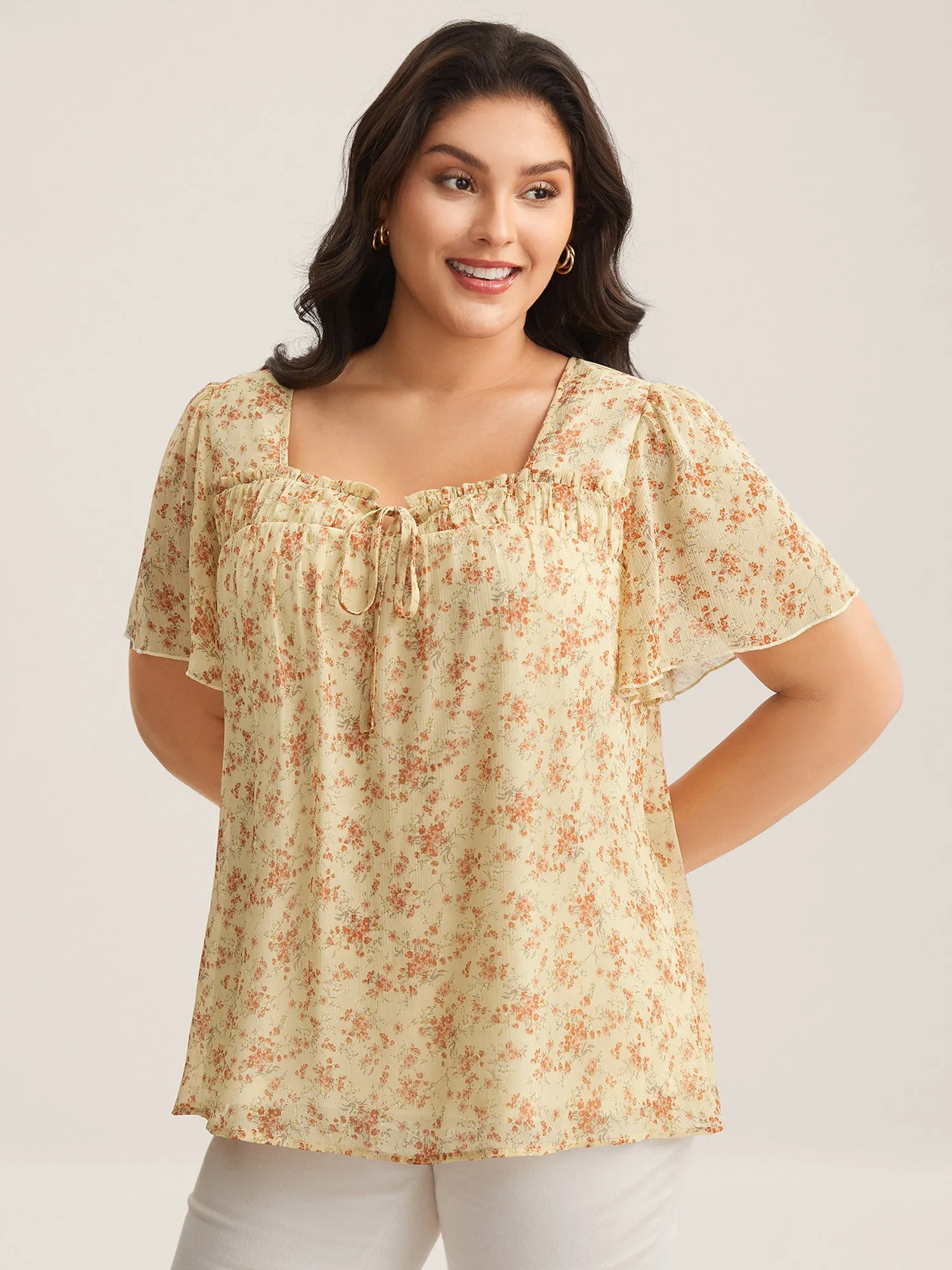 Chiffon Floral Print Neck Tie Blouse sold by Bloomchic