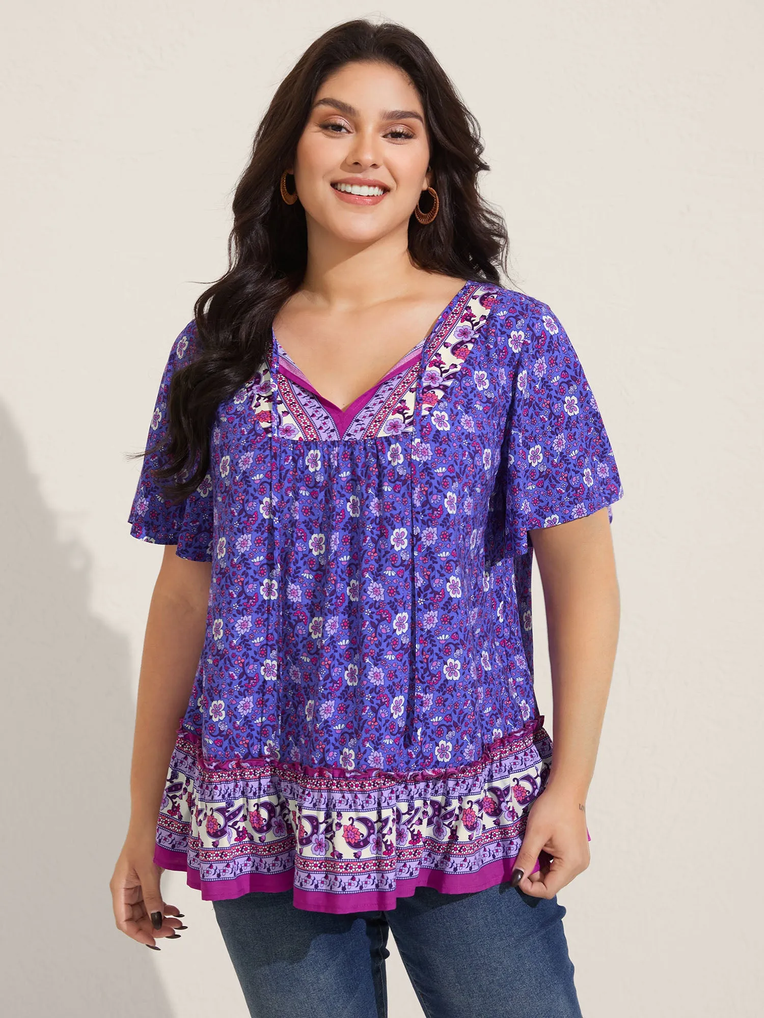 Boho Floral Print Neck Tie Blouse sold by Bloomchic