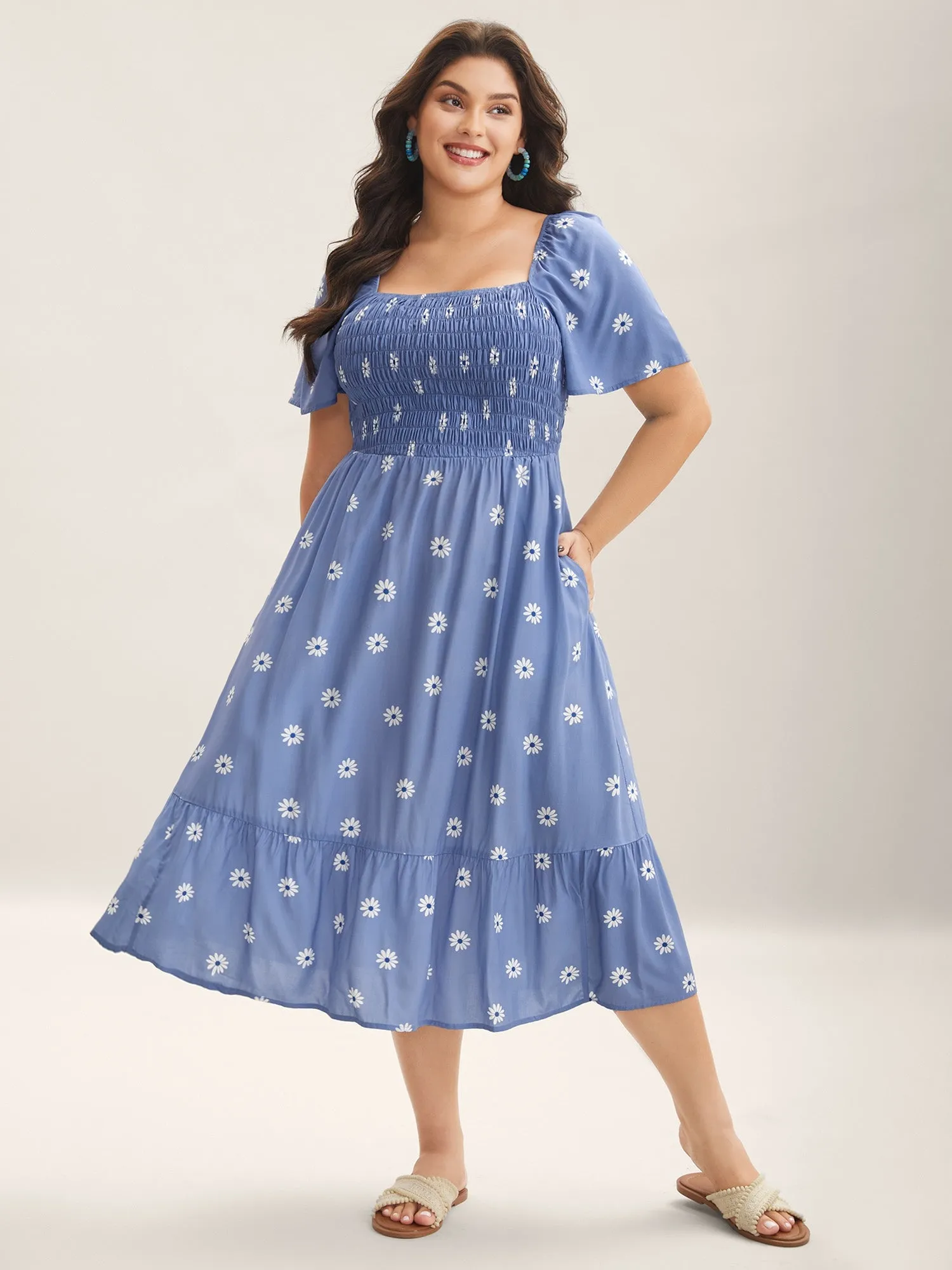 Rayon Floral Shirred Midi Dress sold by Bloomchic