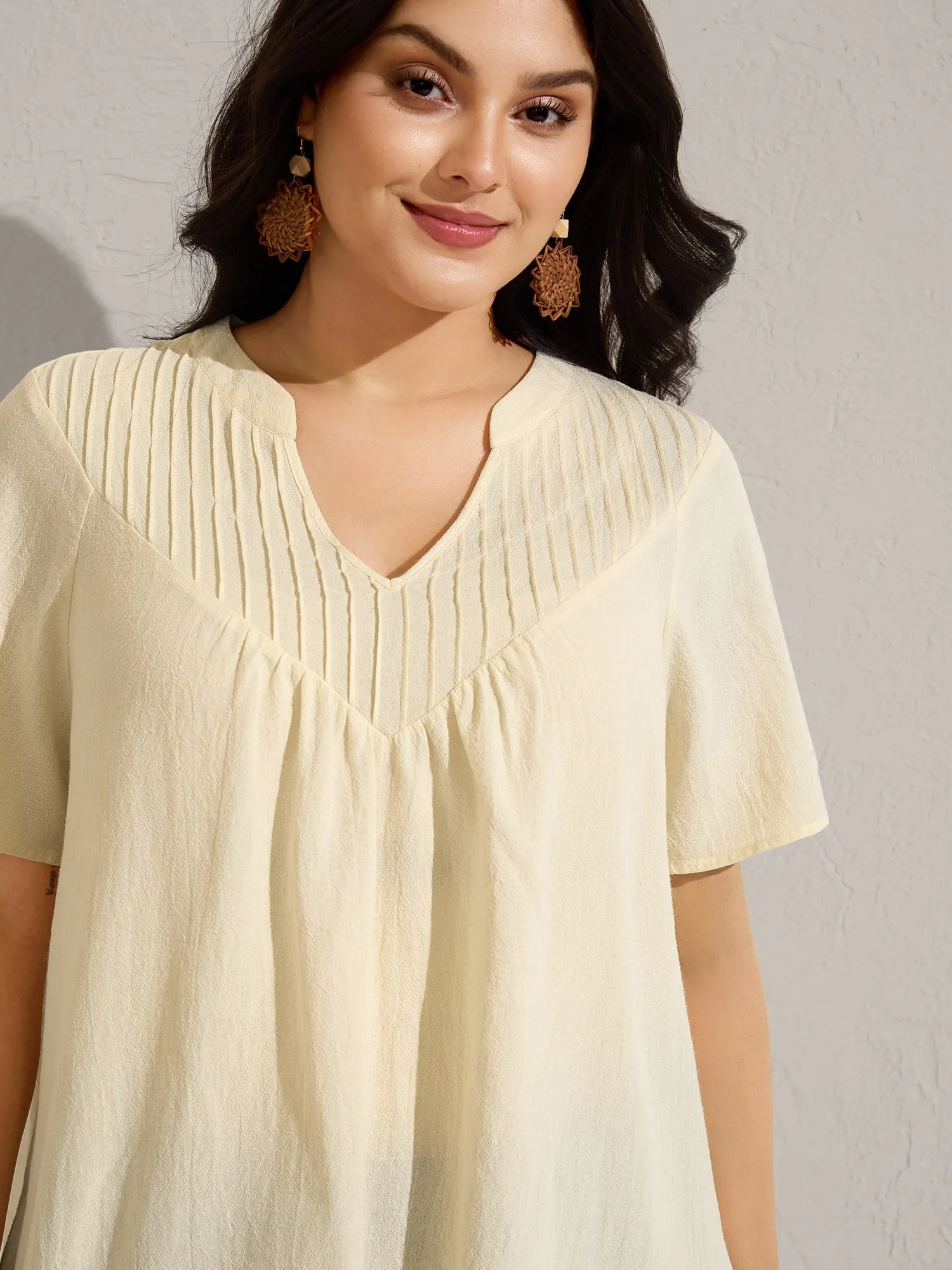 Cotton Stripe Neckline Notched Pleated Sheer Blouse sold by Bloomchic