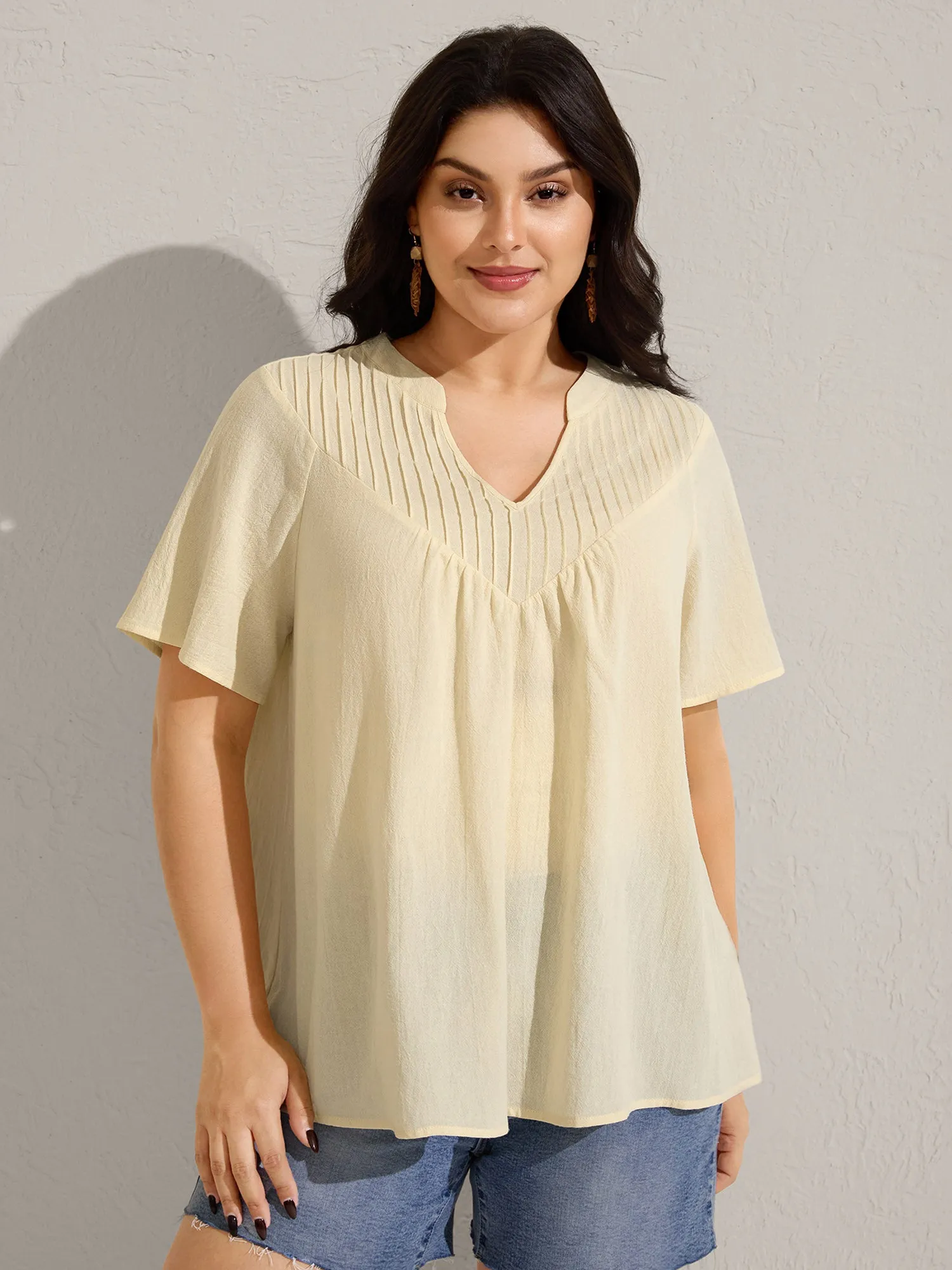 Cotton Stripe Neckline Notched Pleated Sheer Blouse sold by Bloomchic product image thumbnail 2