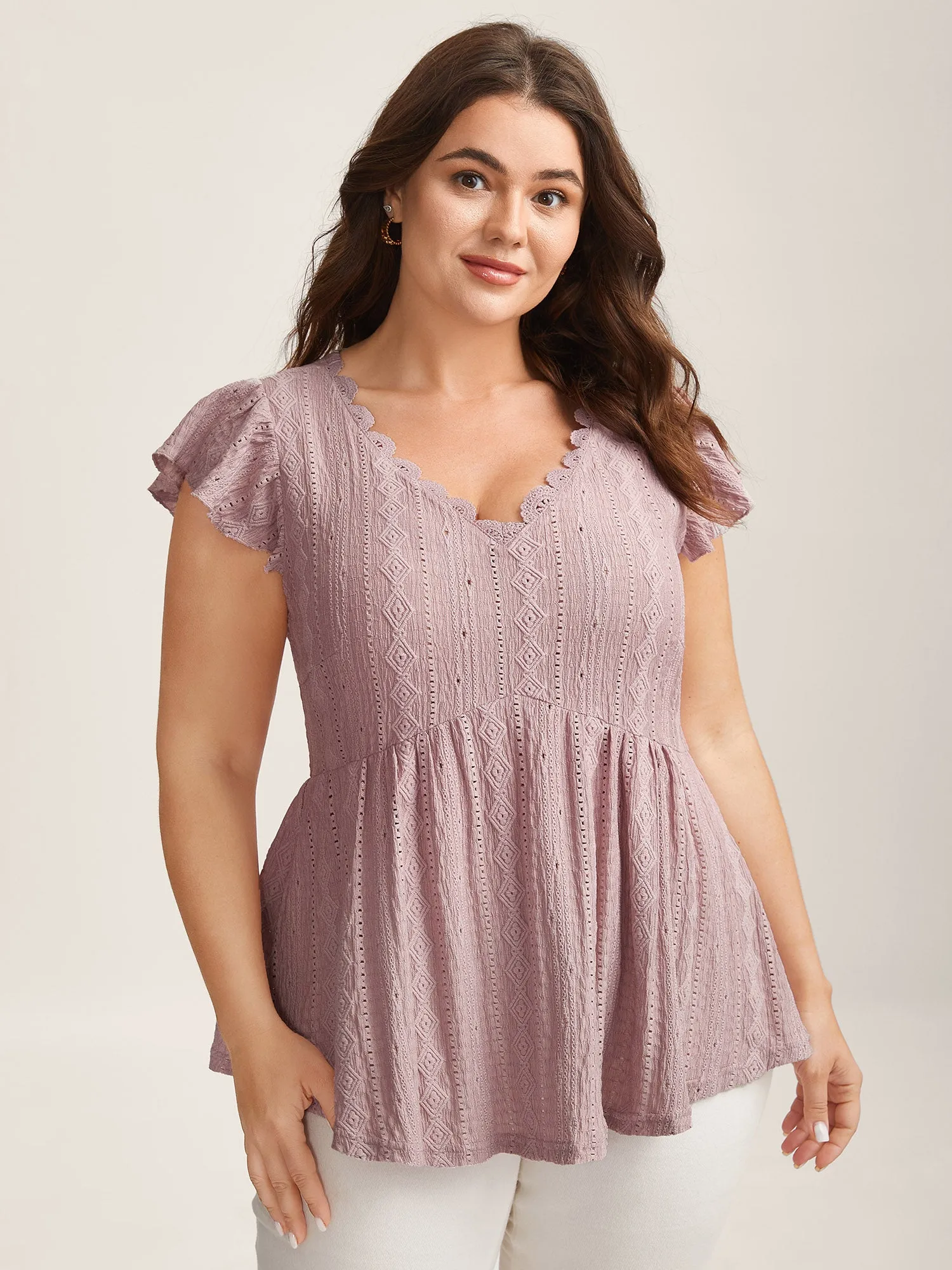 Eyelet Trim Textured Flutter Sleeve Top sold by Bloomchic product image thumbnail 2