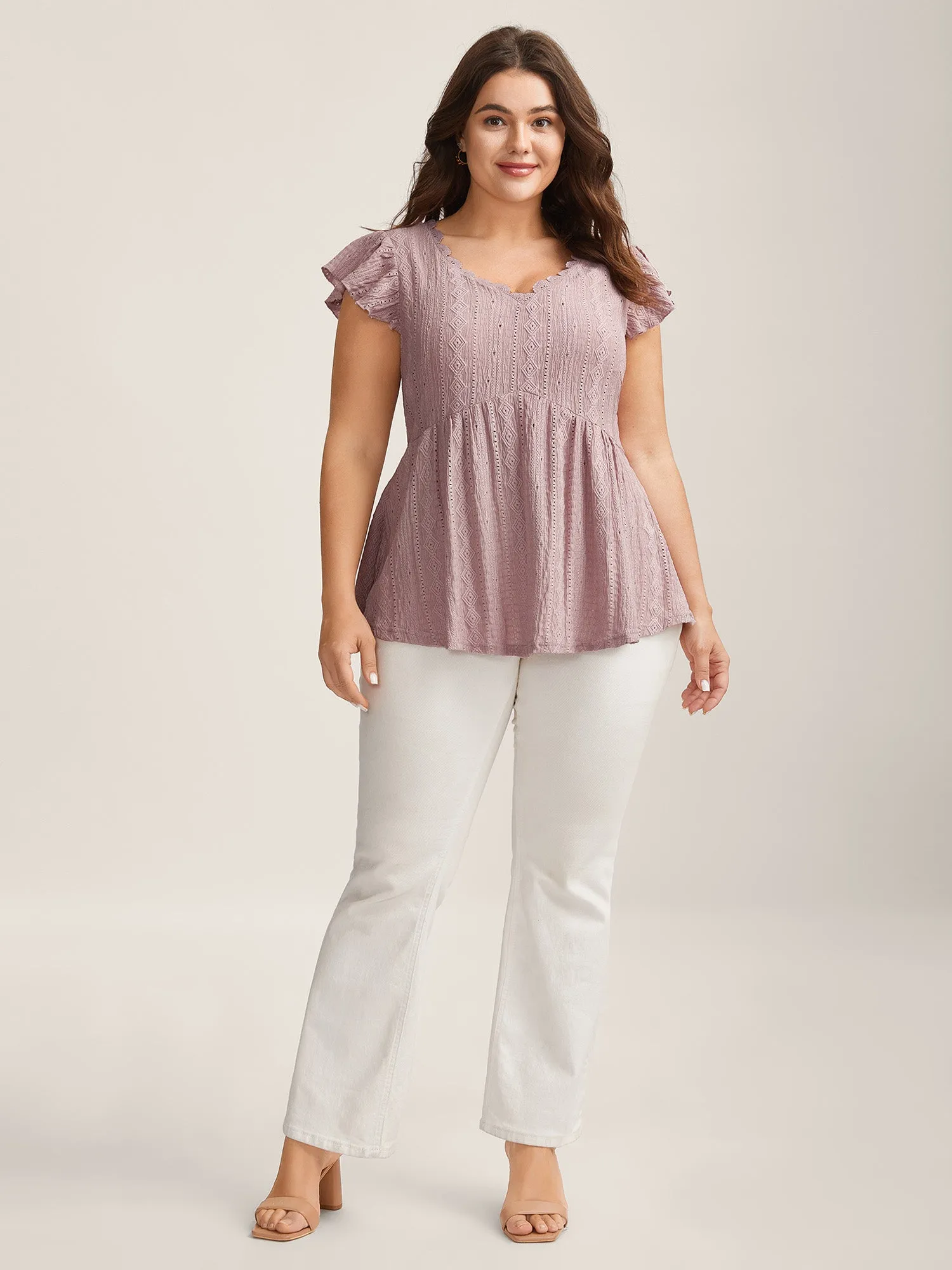 Eyelet Trim Textured Flutter Sleeve Top sold by Bloomchic product image thumbnail 4