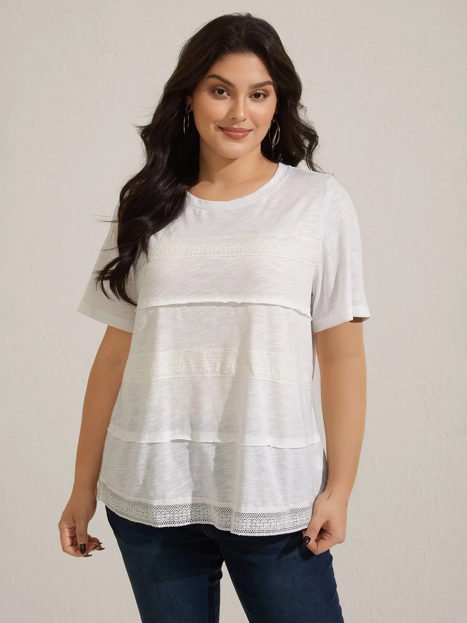 Cotton Lace Trim Sheer Solid T-Shirt sold by Bloomchic