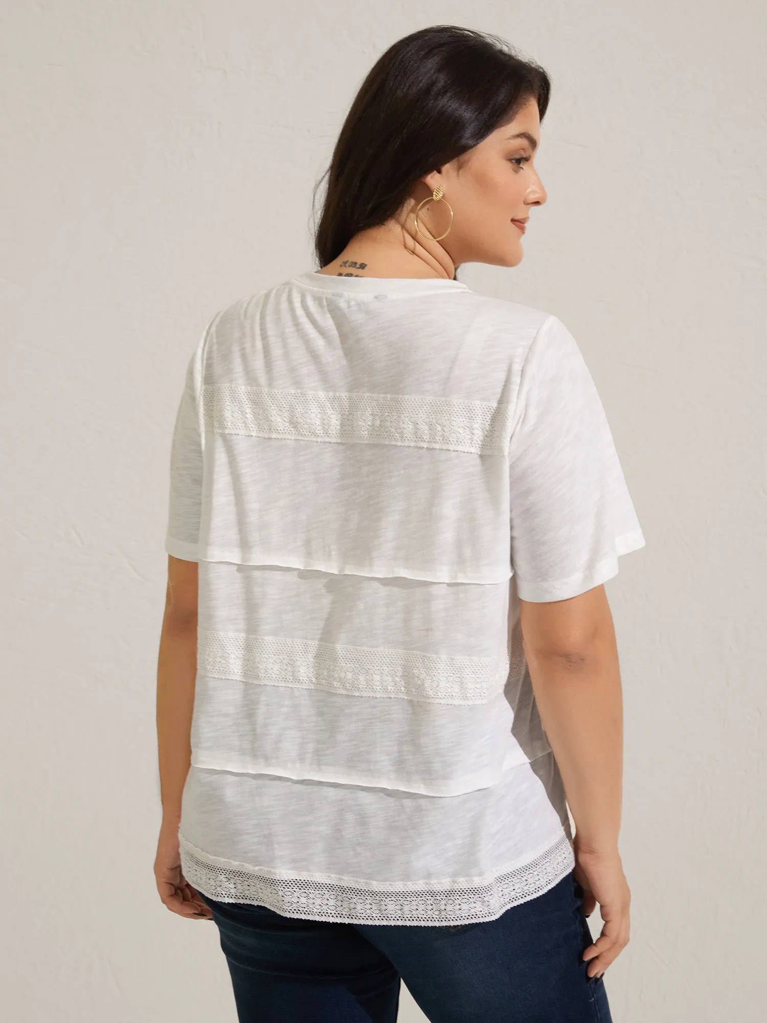 Cotton Lace Trim Sheer Solid T-Shirt sold by Bloomchic product image thumbnail 4