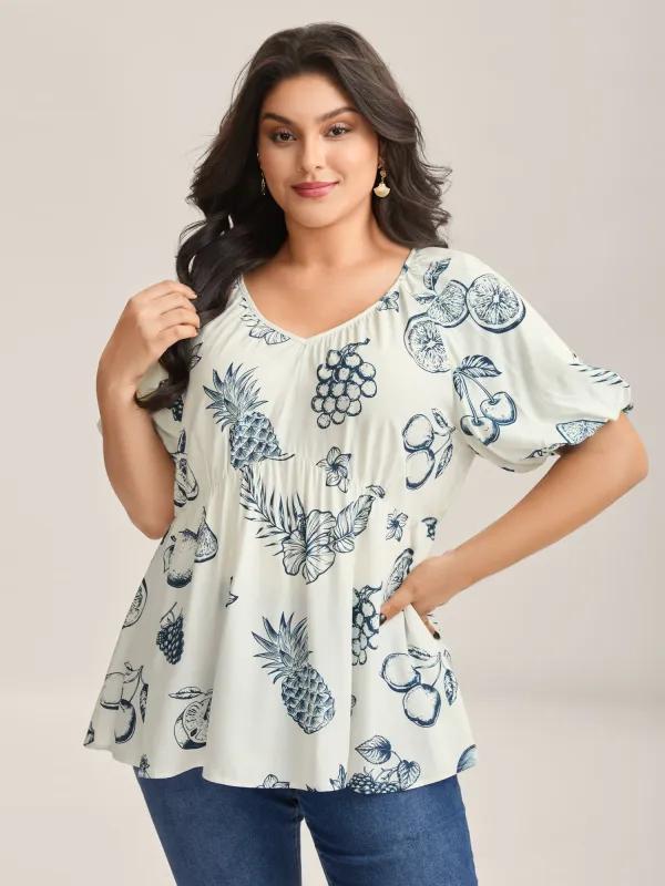 Fruity Print Bud Sleeve V-Neck Blouse sold by Bloomchic