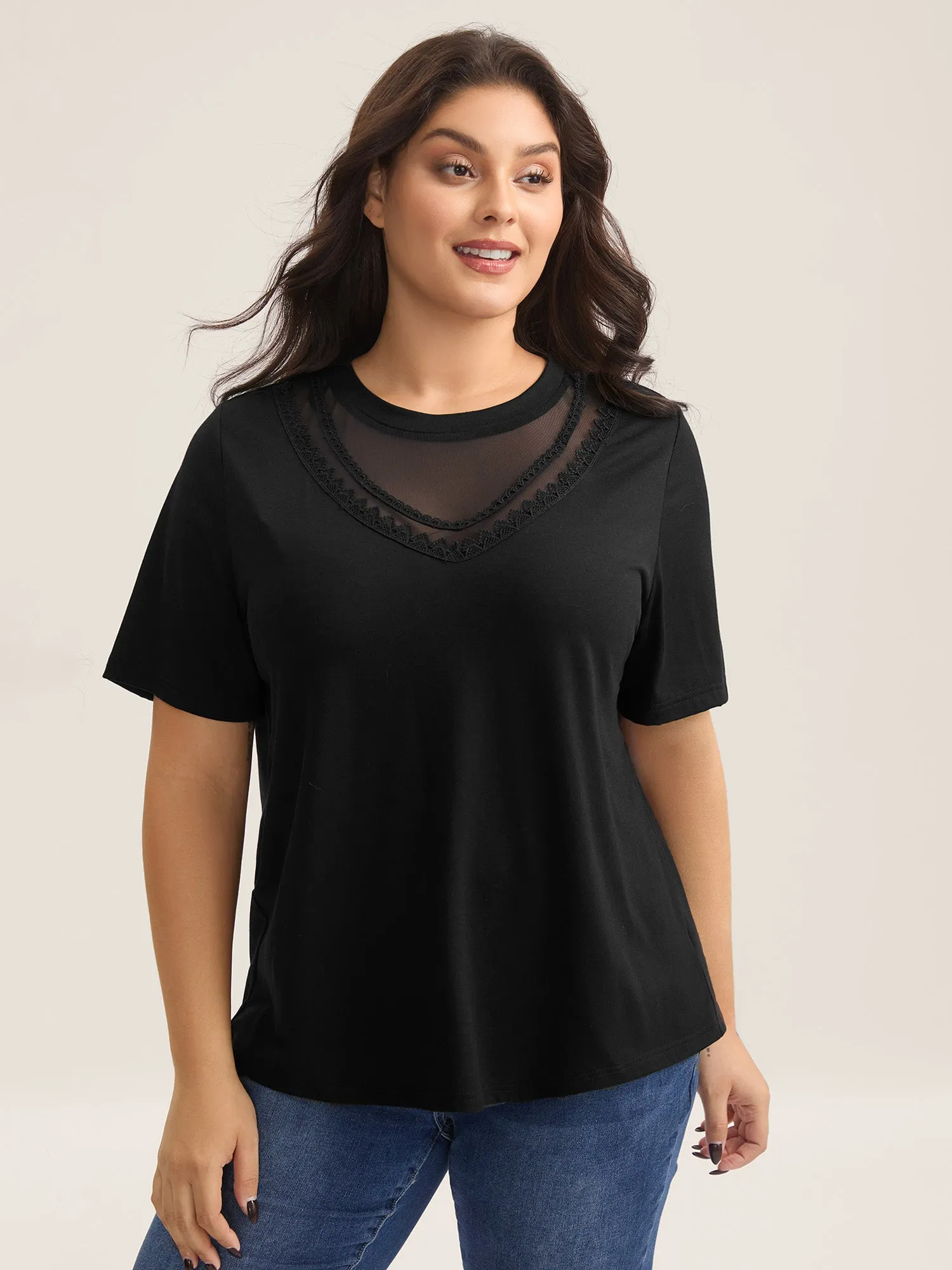 Sheer Neck Solid Panel T-Shirt sold by Bloomchic product image thumbnail 2