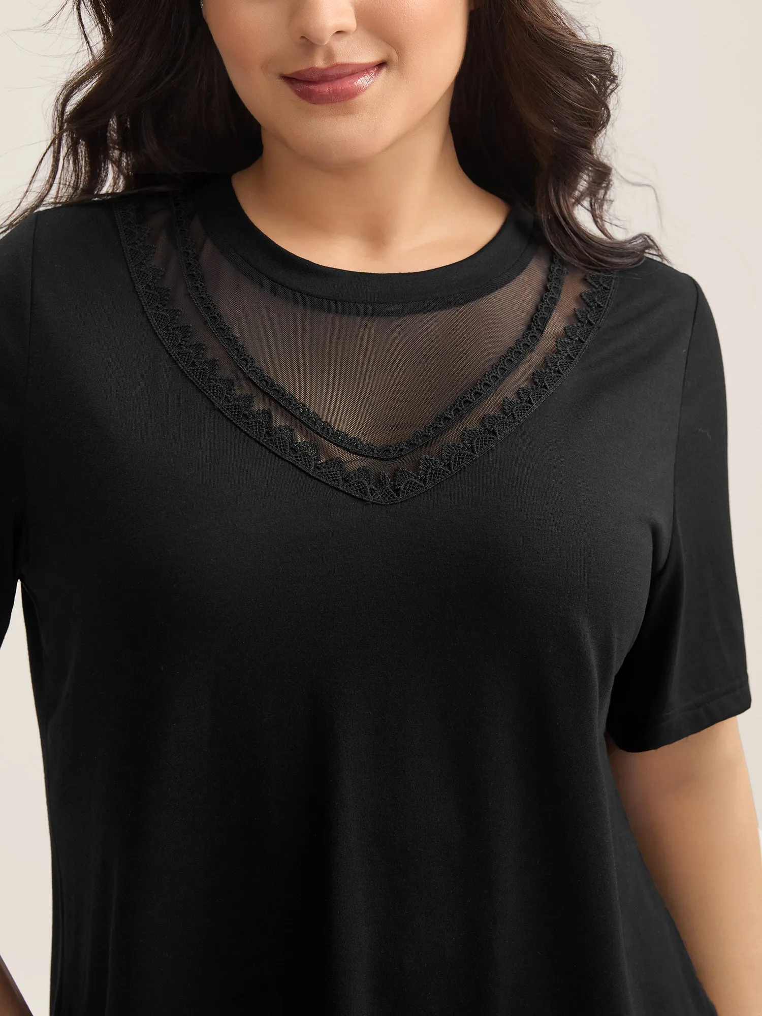 Sheer Neck Solid Panel T-Shirt sold by Bloomchic