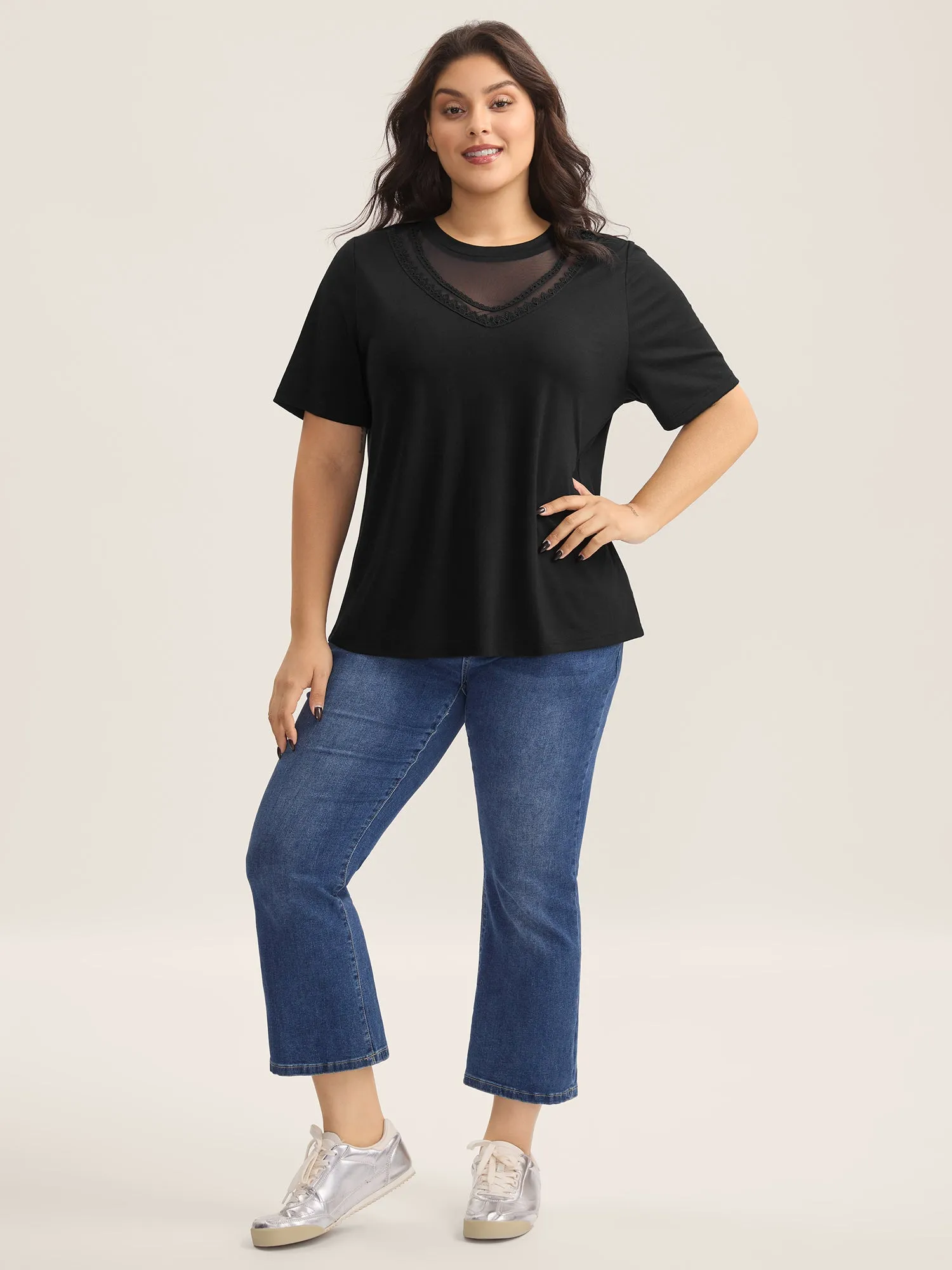 Sheer Neck Solid Panel T-Shirt sold by Bloomchic product image thumbnail 4