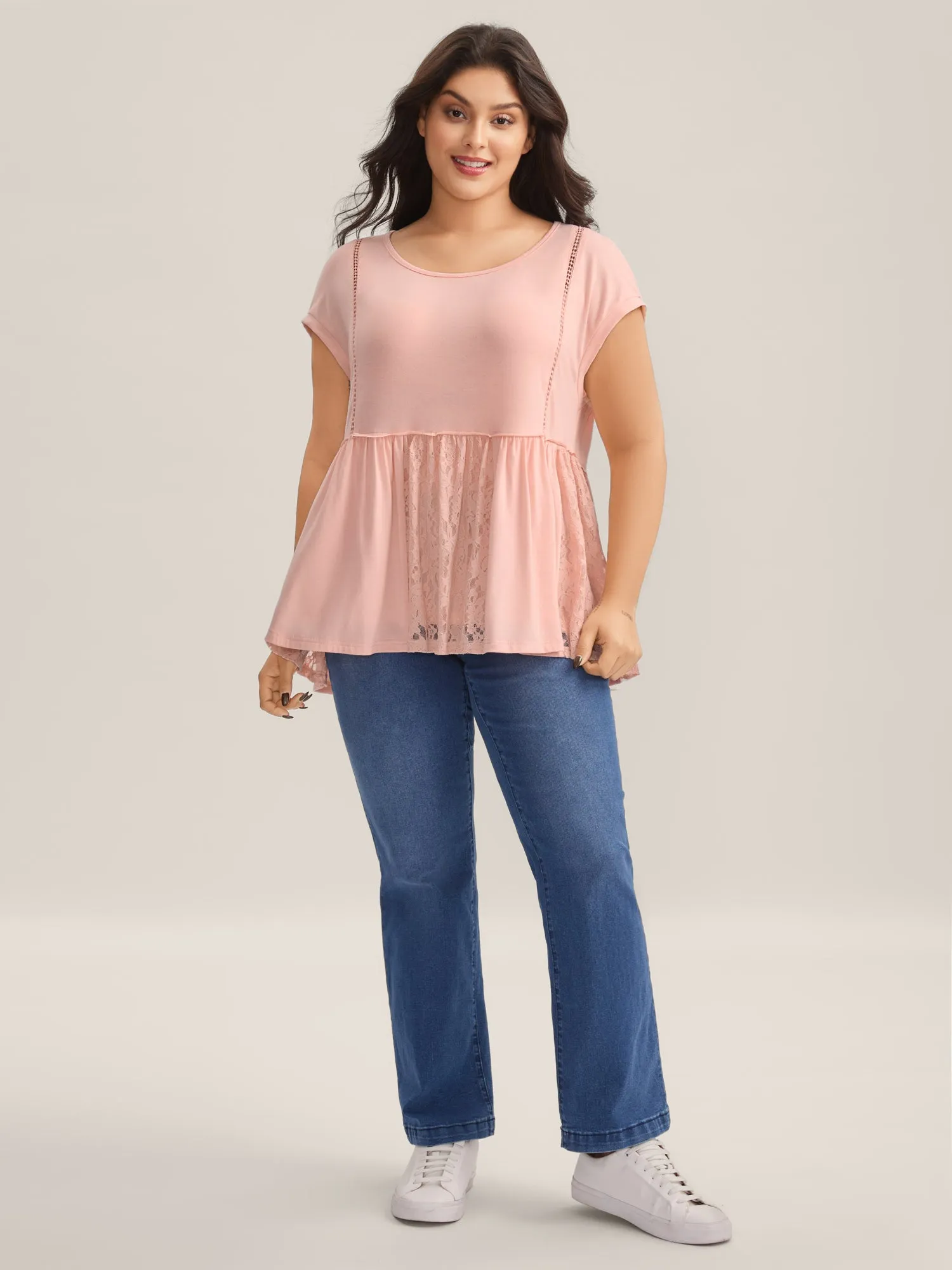 Lace Trim Spliced Solid T-Shirt sold by Bloomchic product image thumbnail 3