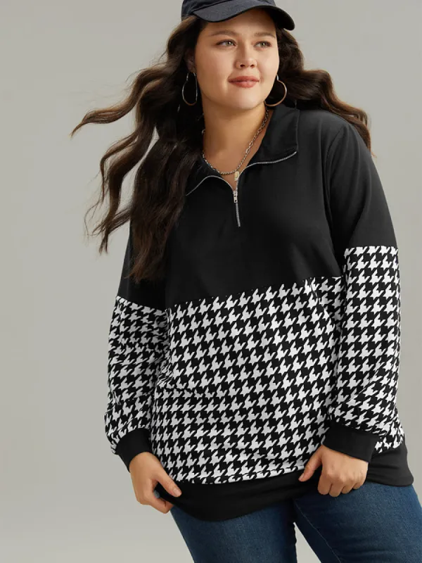 Houndstooth Patchwork Half Zip Sweatshirt sold by Bloomchic