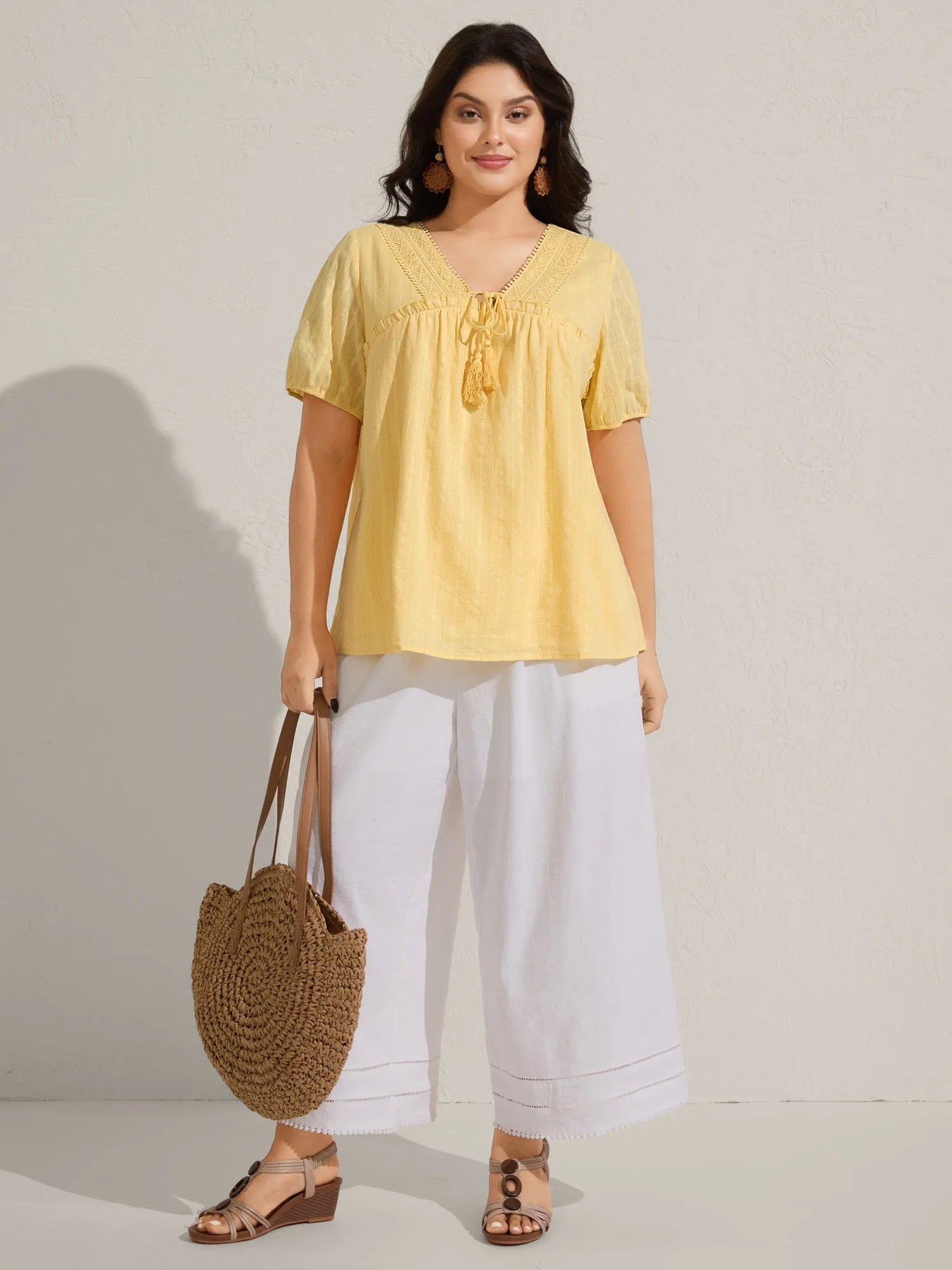 Cotton Textured Lace Trim Neck-Tie Blouse sold by Bloomchic product image thumbnail 3