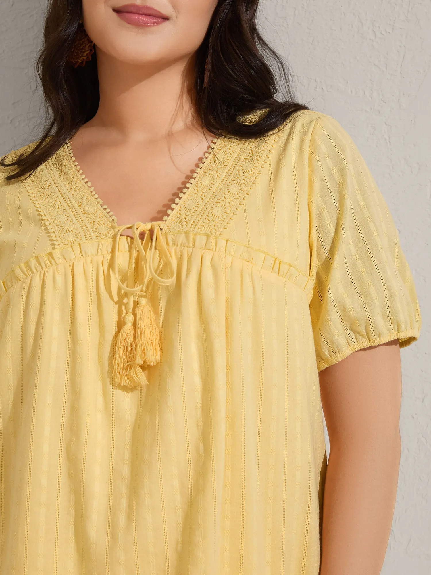 Cotton Textured Lace Trim Neck-Tie Blouse sold by Bloomchic product image thumbnail 2