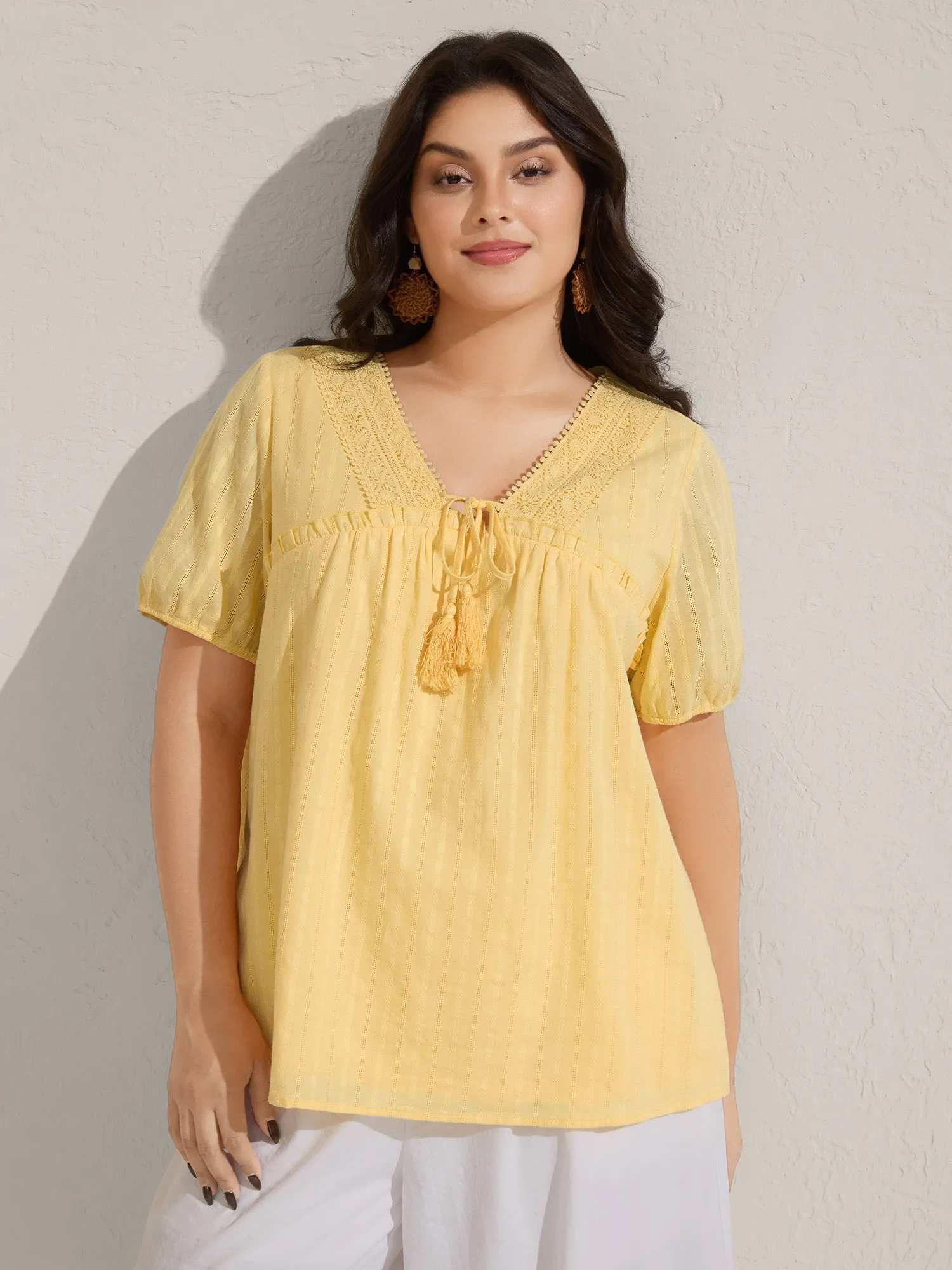 Cotton Textured Lace Trim Neck-Tie Blouse sold by Bloomchic