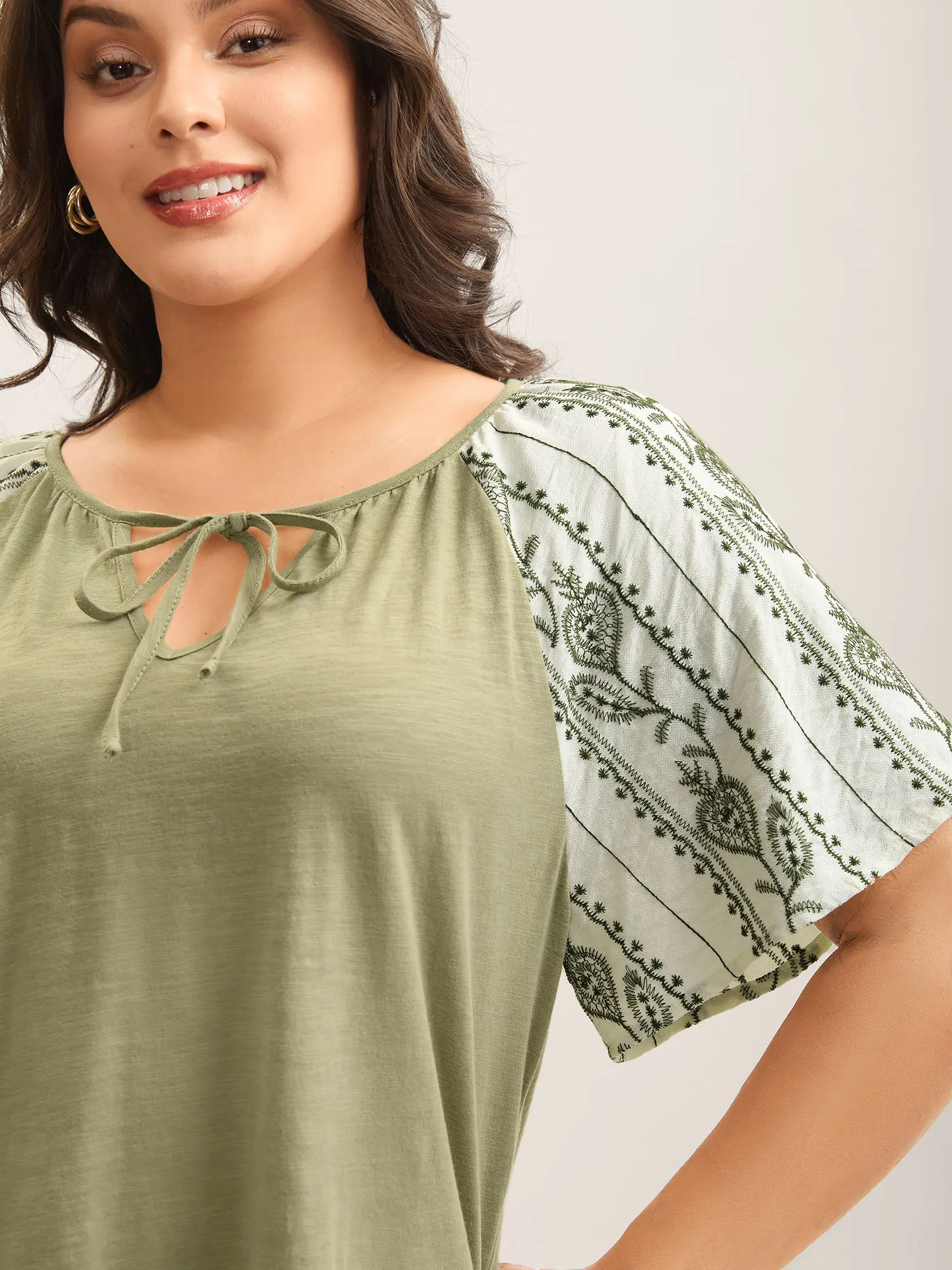 Boho Print Neck Tie Plain Top sold by Bloomchic