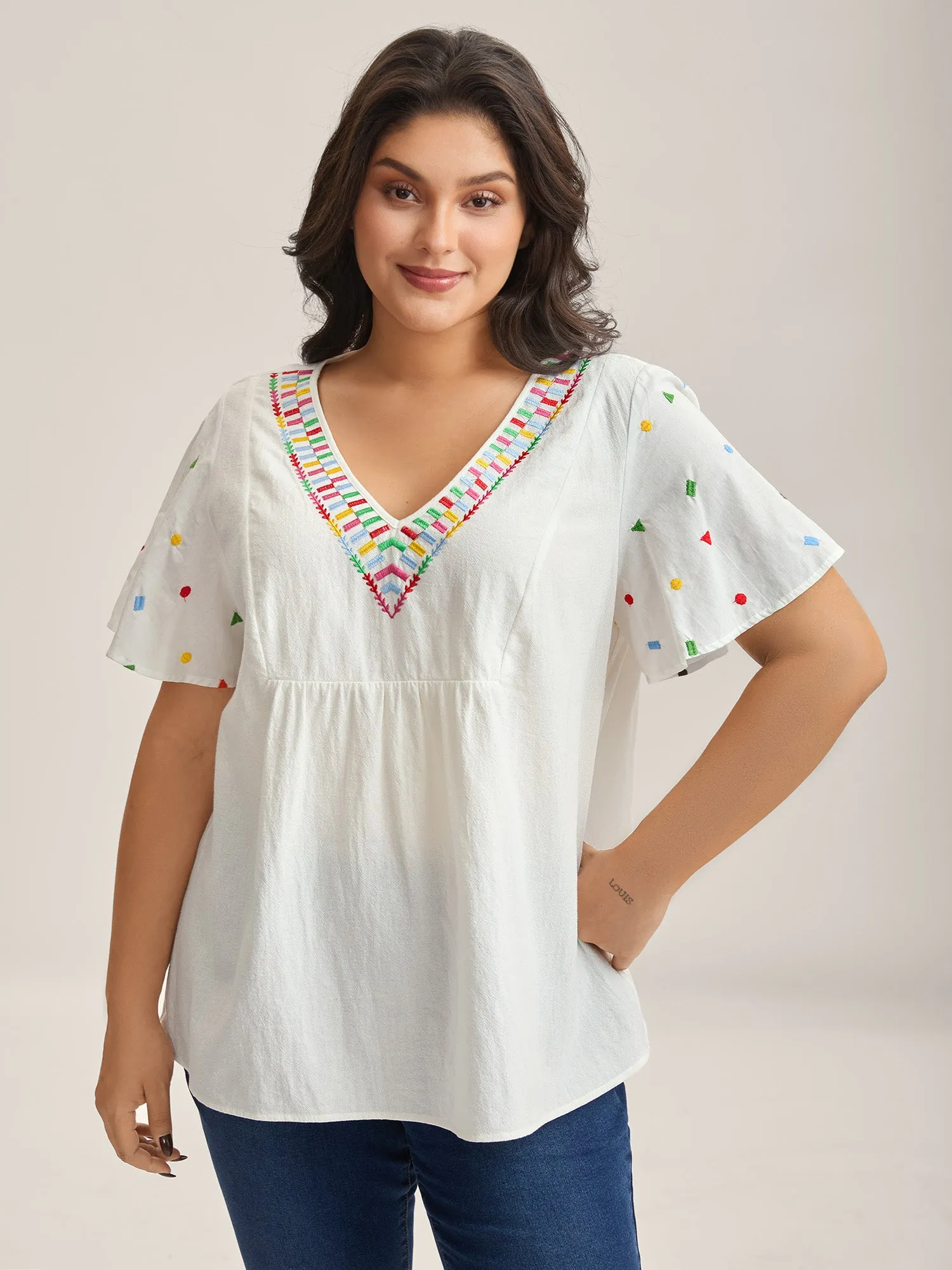 Cotton Colorful Embroidery V-Neck Solid Blouse sold by Bloomchic