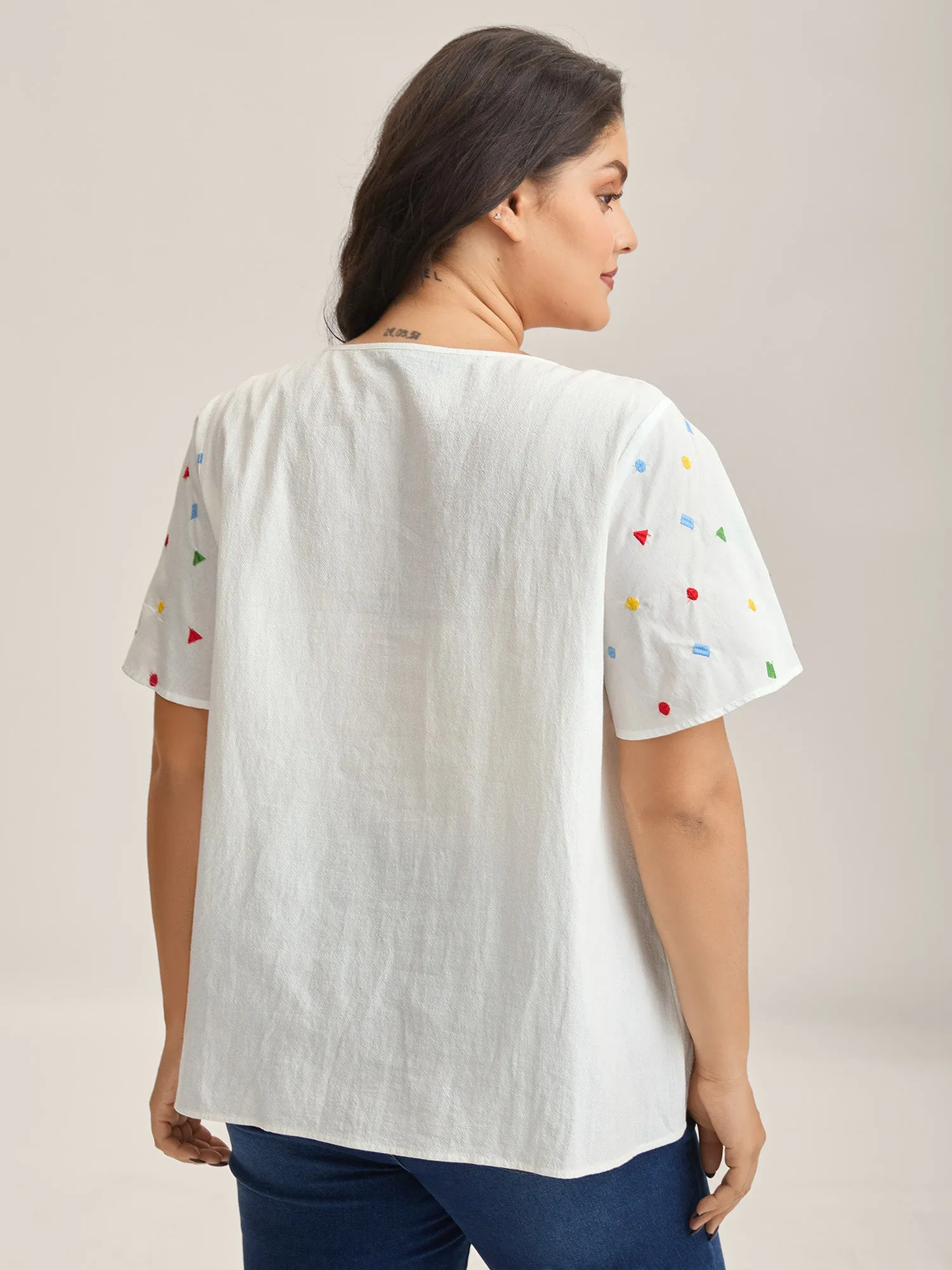 Cotton Colorful Embroidery V-Neck Solid Blouse sold by Bloomchic product image thumbnail 4