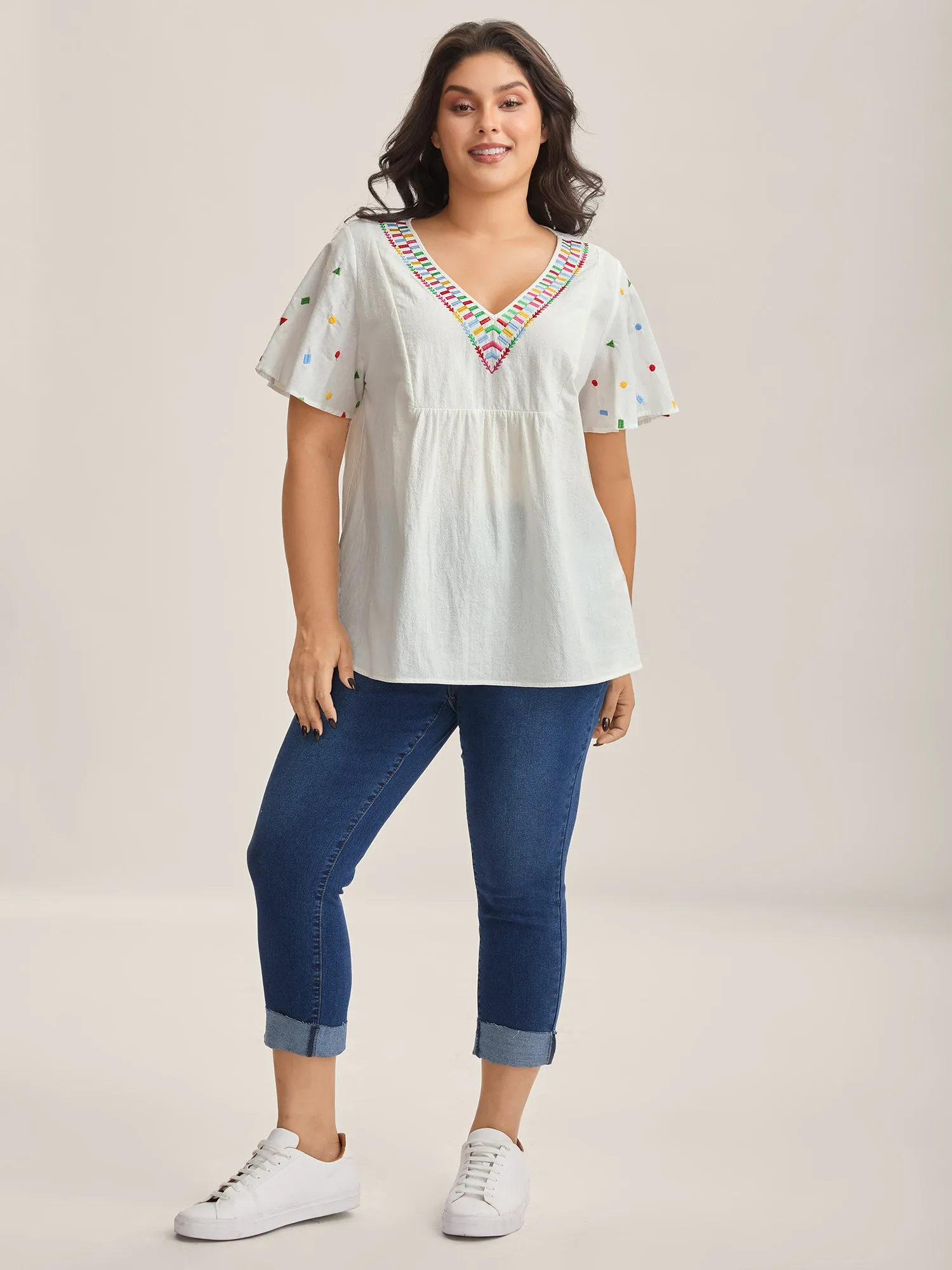 Cotton Colorful Embroidery V-Neck Solid Blouse sold by Bloomchic product image thumbnail 3