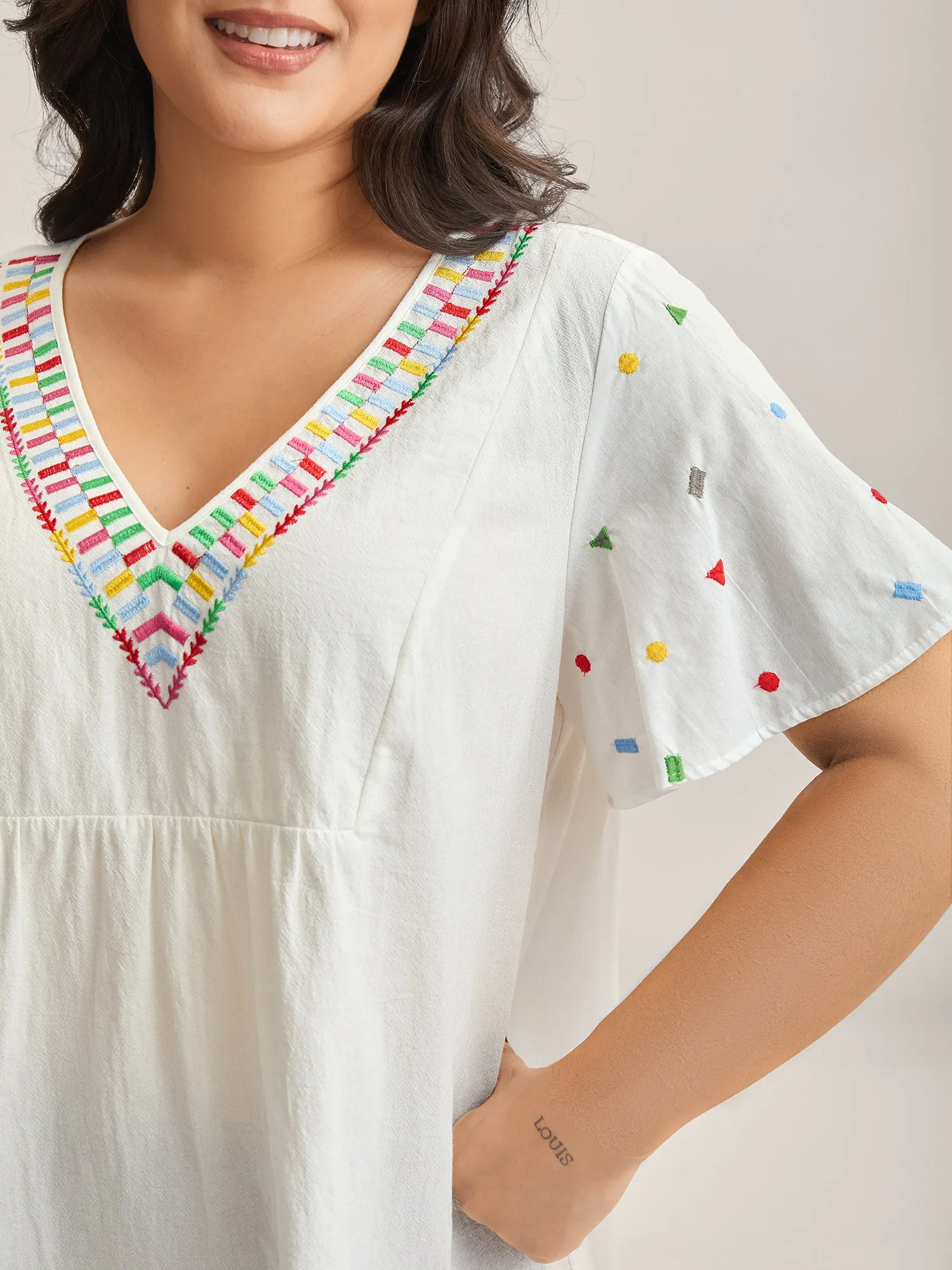 Cotton Colorful Embroidery V-Neck Solid Blouse sold by Bloomchic product image thumbnail 2