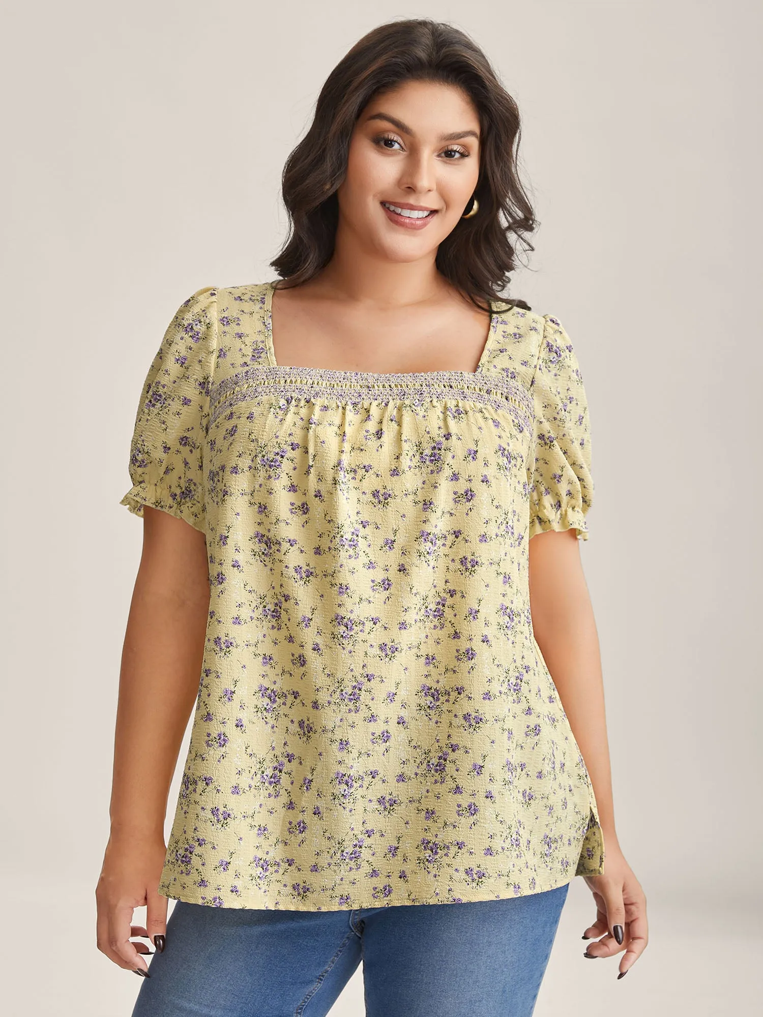 Floral Print Shirred Neck Color Contrast Blouse sold by Bloomchic