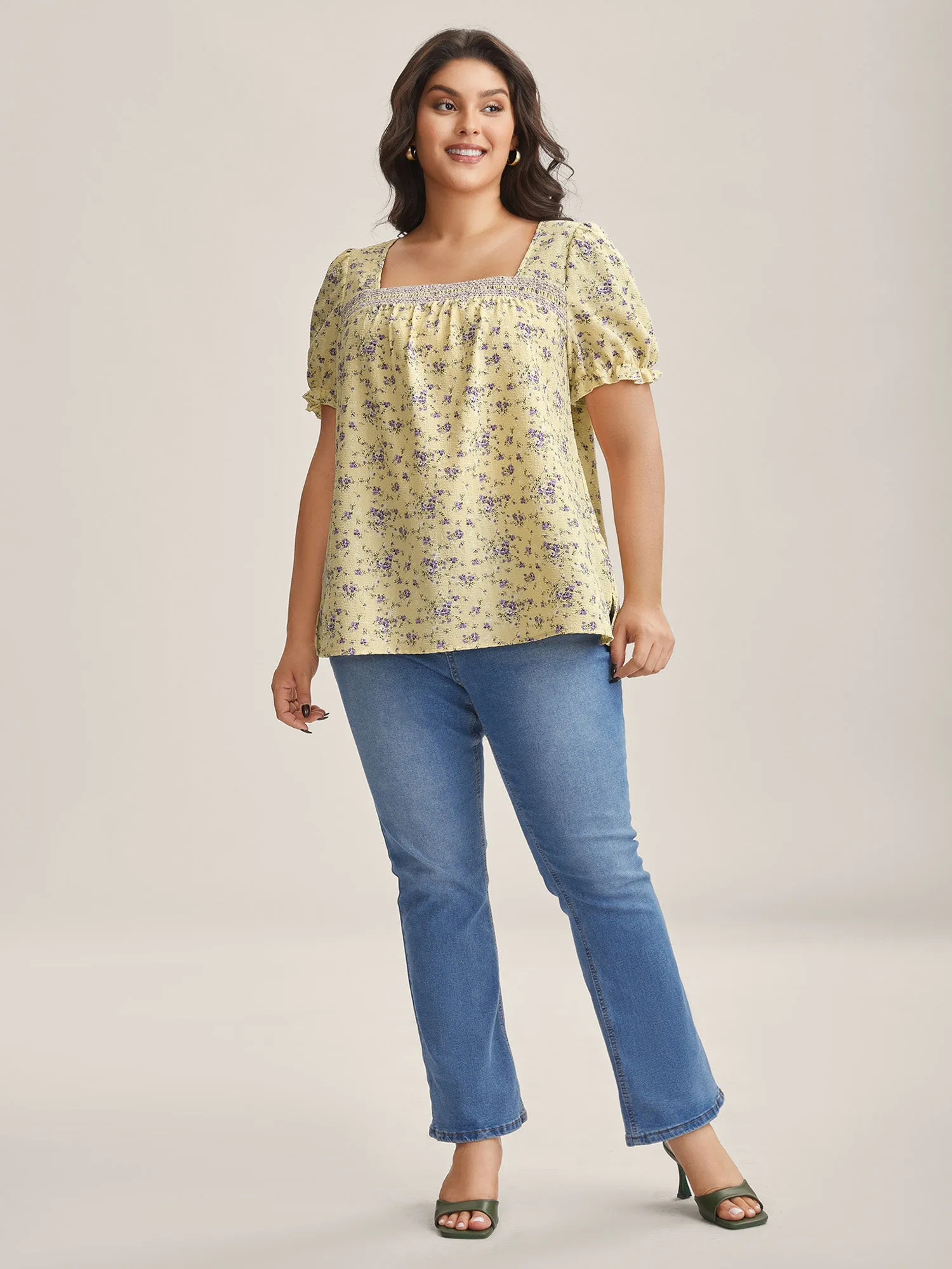 Floral Print Shirred Neck Color Contrast Blouse sold by Bloomchic product image thumbnail 3