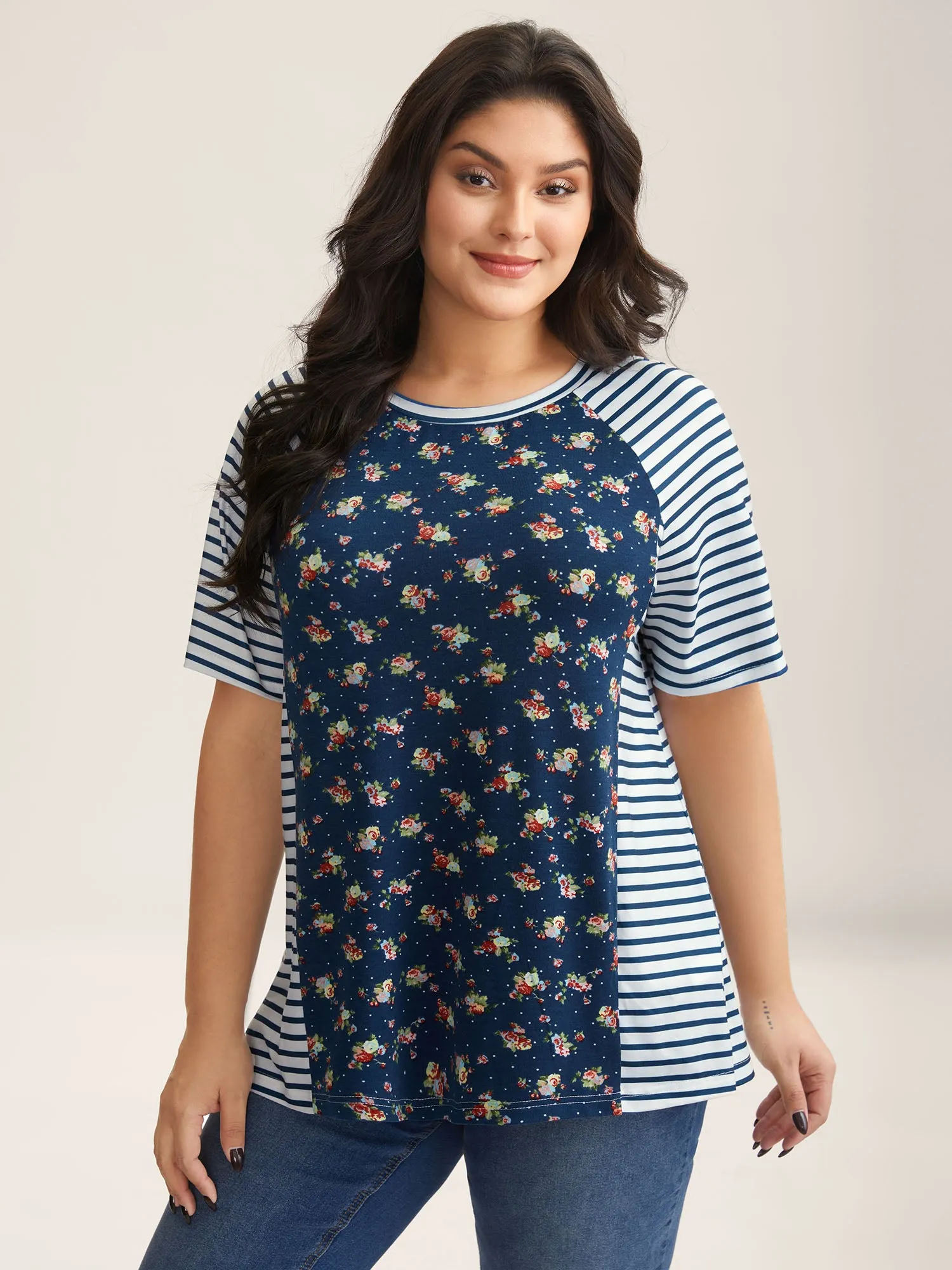 Floral Stripes Raglan Sleeve T-Shirt sold by Bloomchic product image thumbnail 2