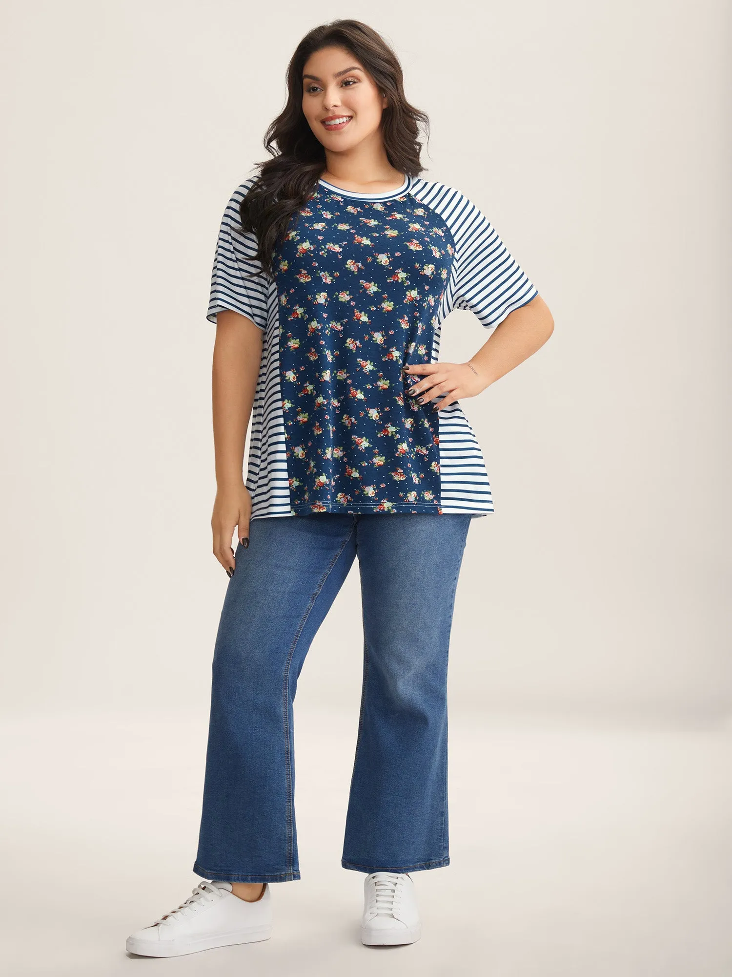 Floral Stripes Raglan Sleeve T-Shirt sold by Bloomchic product image thumbnail 3