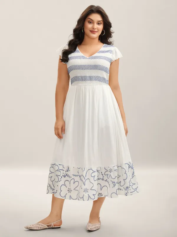 Rayon Shirred Color Contrast Floral Midi Dress sold by Bloomchic