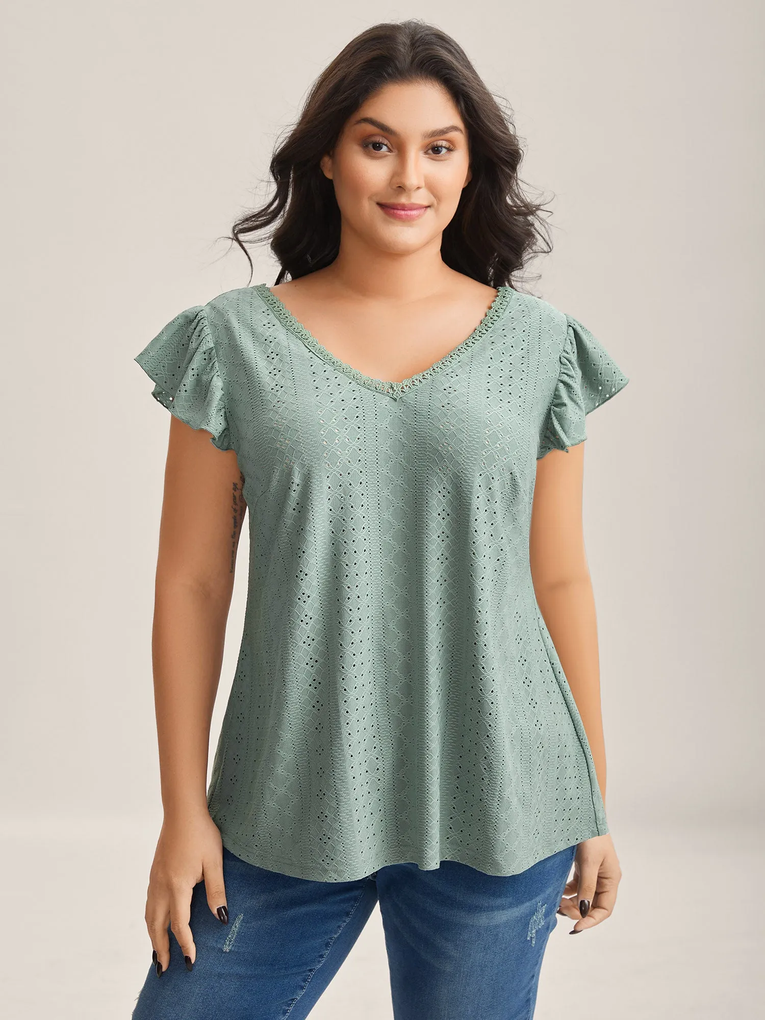 Eyelet Trim Flutter Sleeve Backless T-Shirt sold by Bloomchic product image thumbnail 2