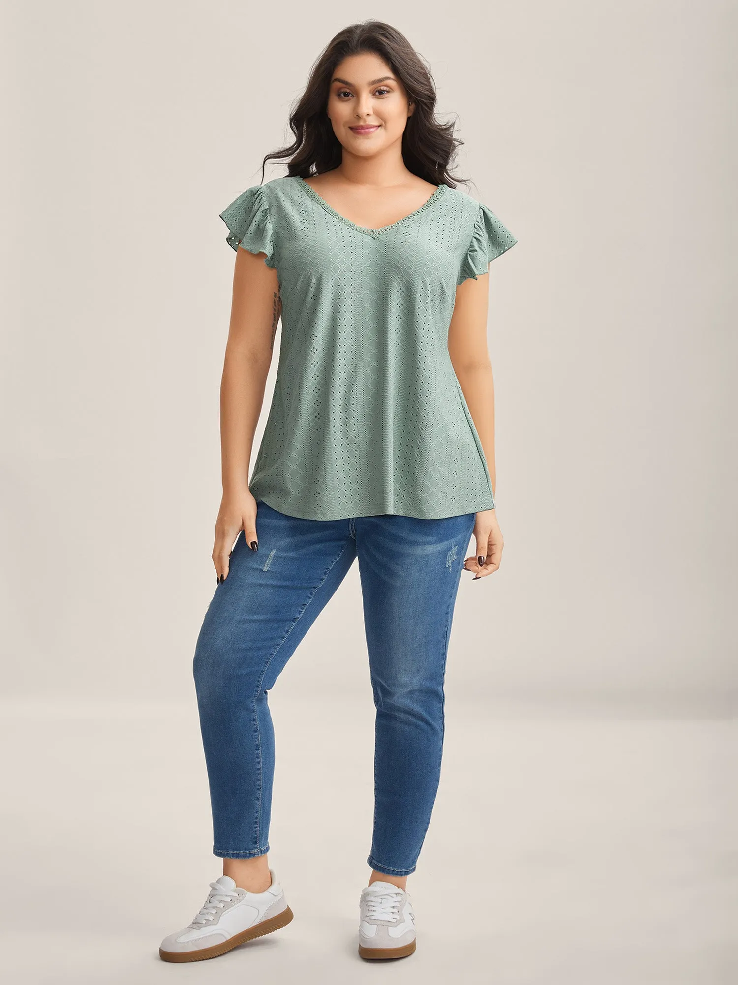 Eyelet Trim Flutter Sleeve Backless T-Shirt sold by Bloomchic product image thumbnail 3