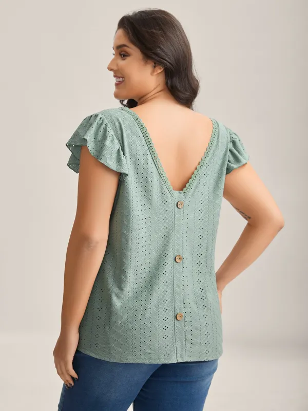 Eyelet Trim Flutter Sleeve Backless T-Shirt sold by Bloomchic