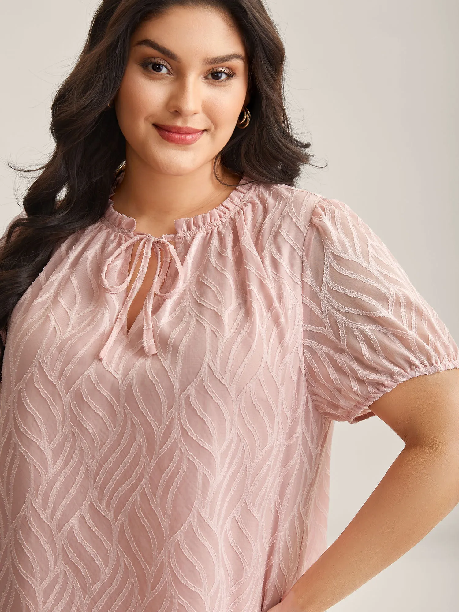 Textured Ruffled Neck A-Line Blouse sold by Bloomchic