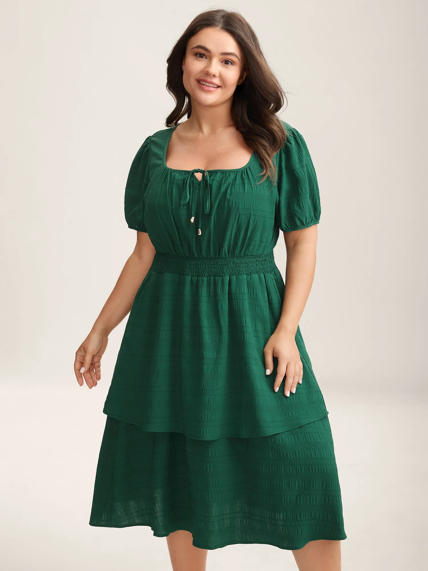 Neck Tie Textured Layered Hem Midi Dress sold by Bloomchic