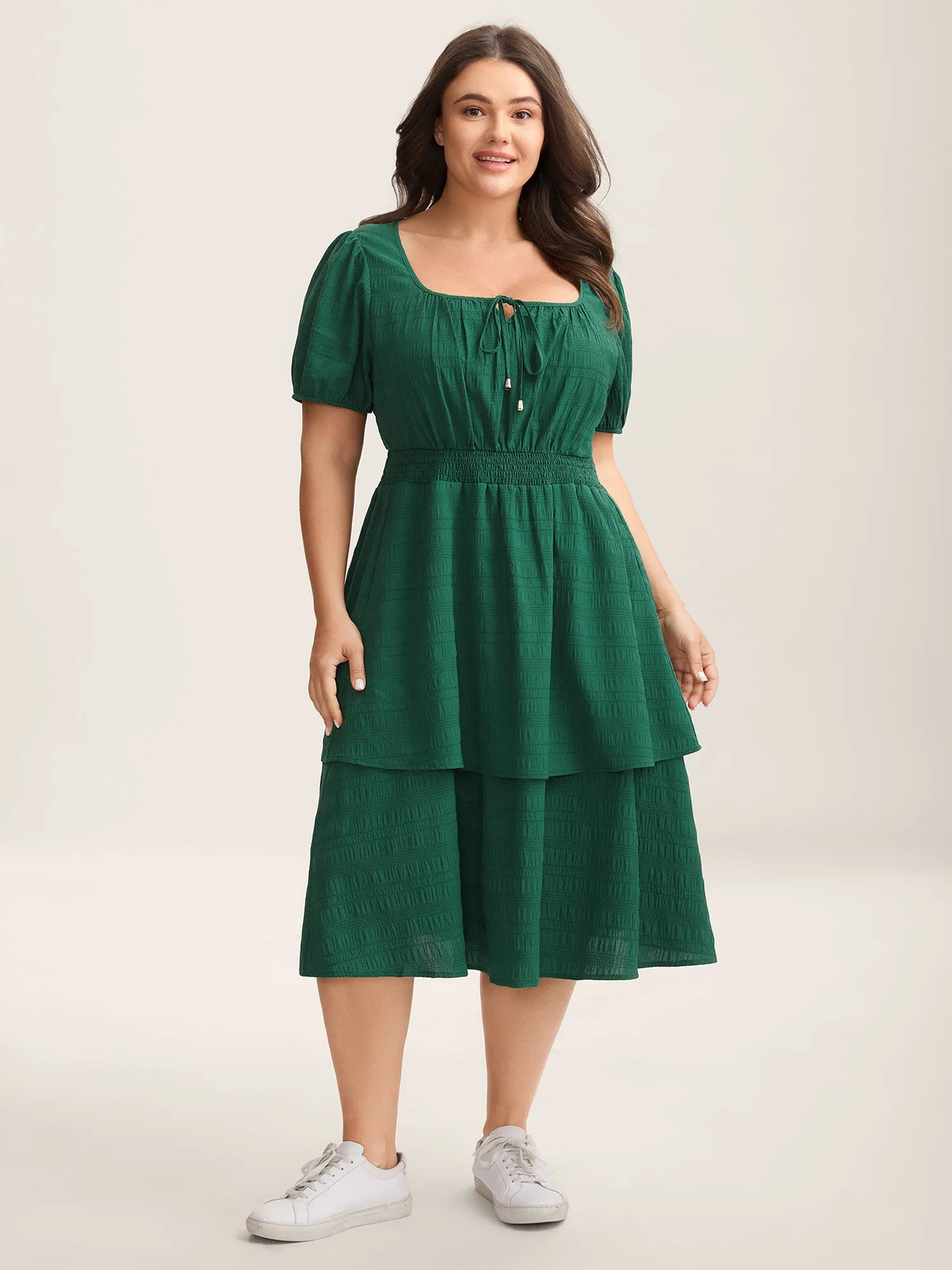 Neck Tie Textured Layered Hem Midi Dress sold by Bloomchic product image thumbnail 3