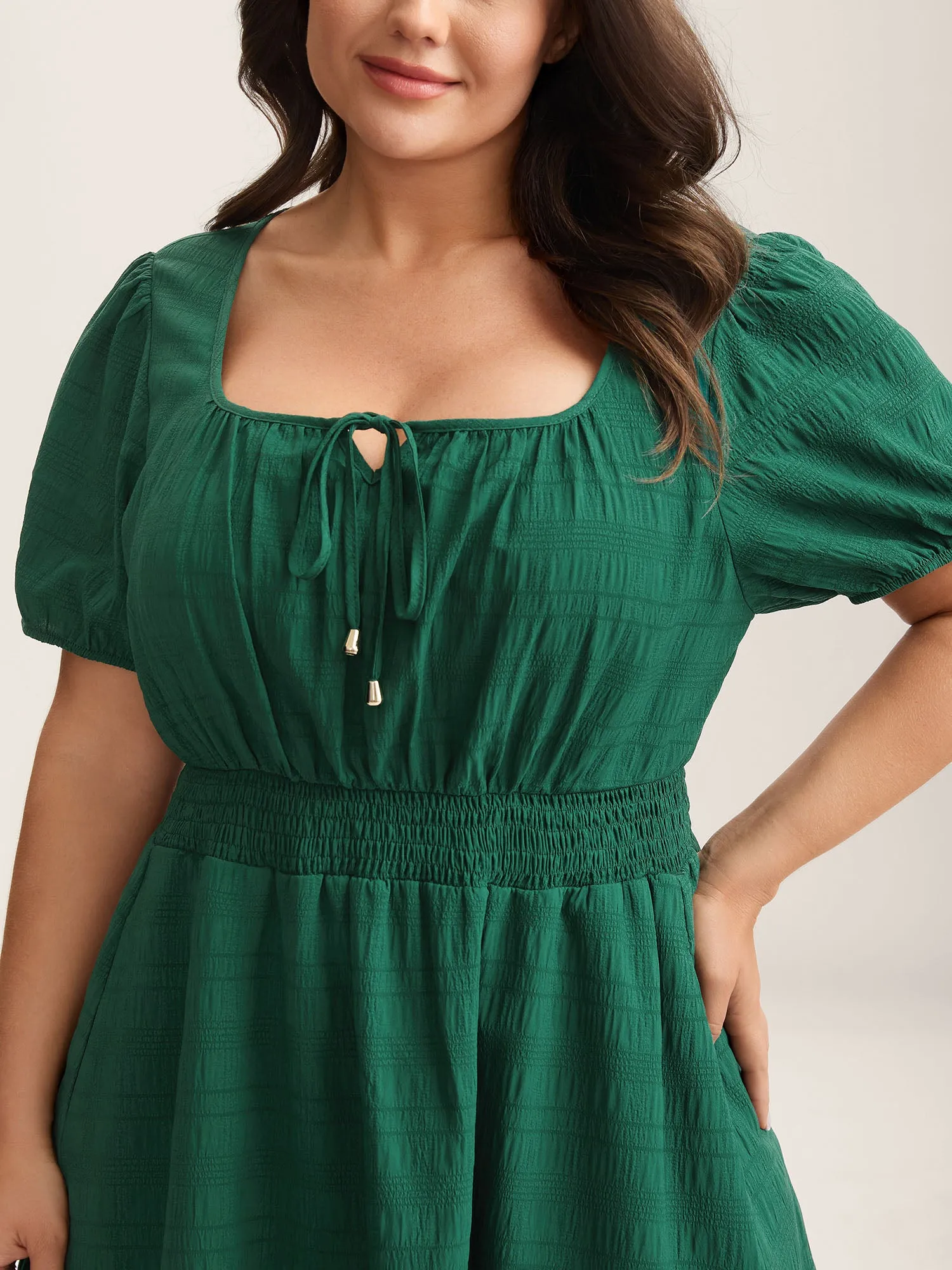 Neck Tie Textured Layered Hem Midi Dress sold by Bloomchic product image thumbnail 2