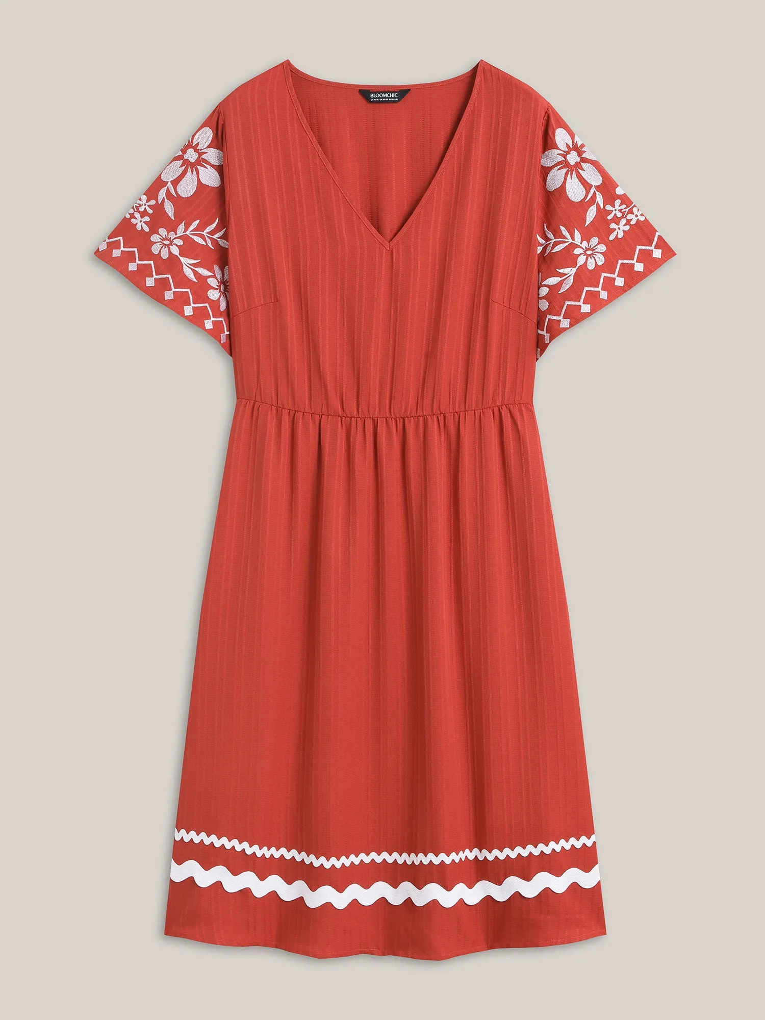 Embroidered Sleeve Cinched-Waist Midi Dress sold by Bloomchic product image thumbnail 5