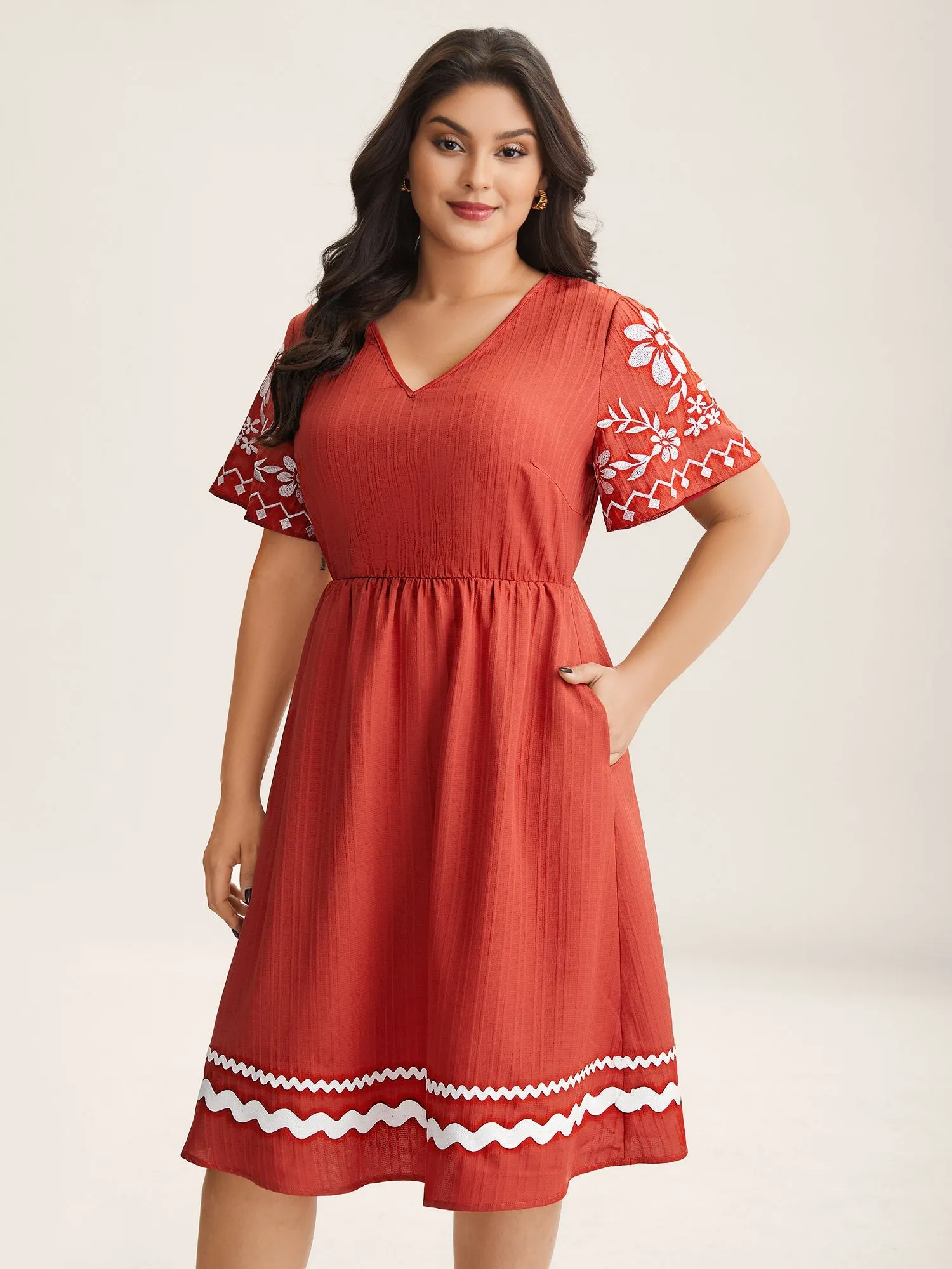 Embroidered Sleeve Cinched-Waist Midi Dress sold by Bloomchic