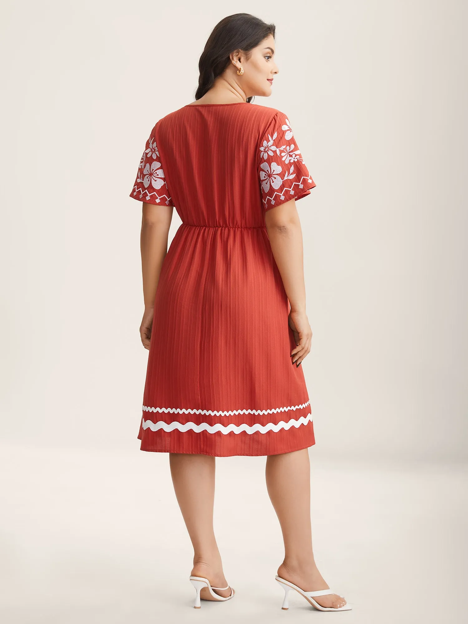 Embroidered Sleeve Cinched-Waist Midi Dress sold by Bloomchic product image thumbnail 4
