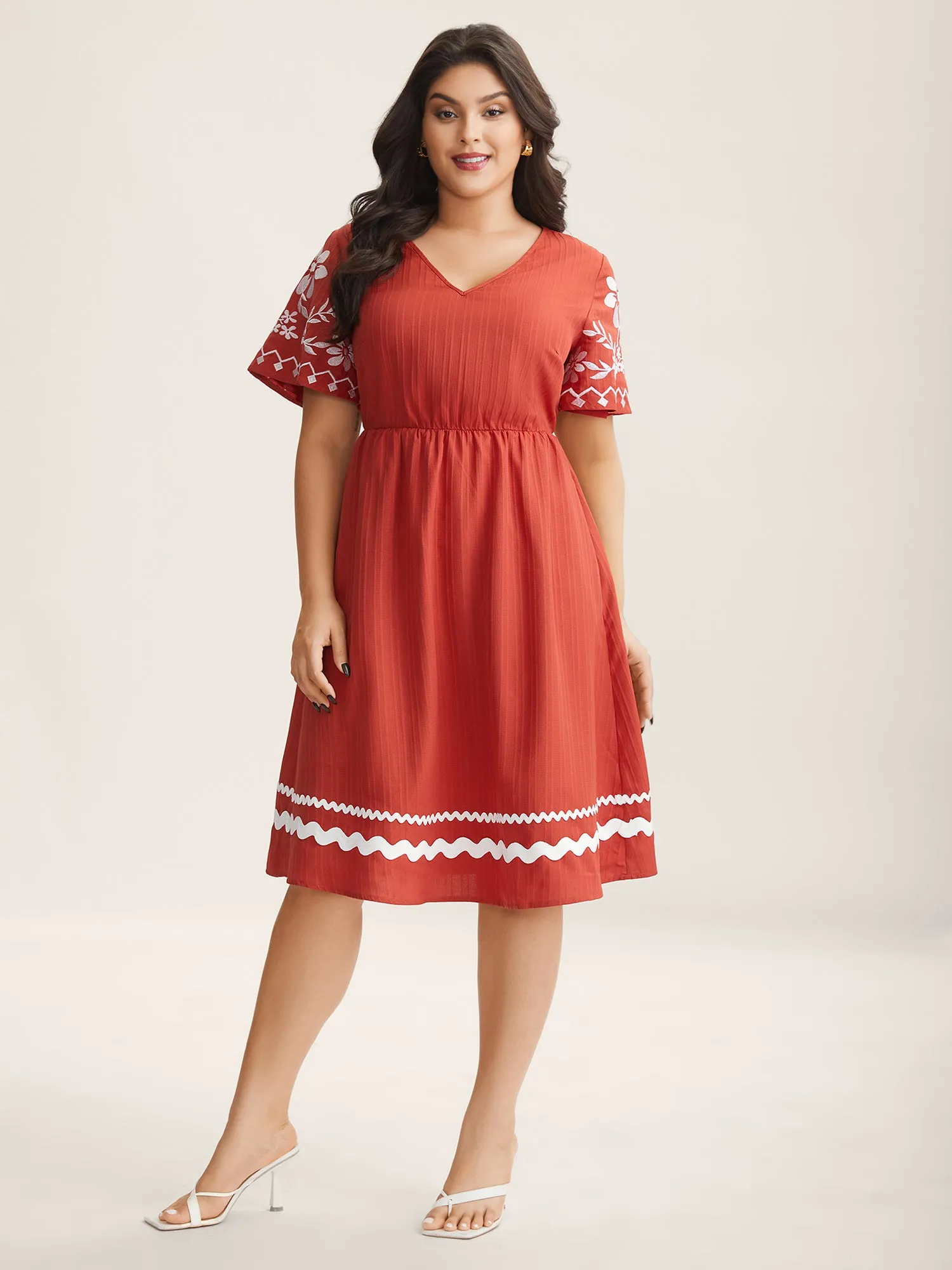 Embroidered Sleeve Cinched-Waist Midi Dress sold by Bloomchic product image thumbnail 3