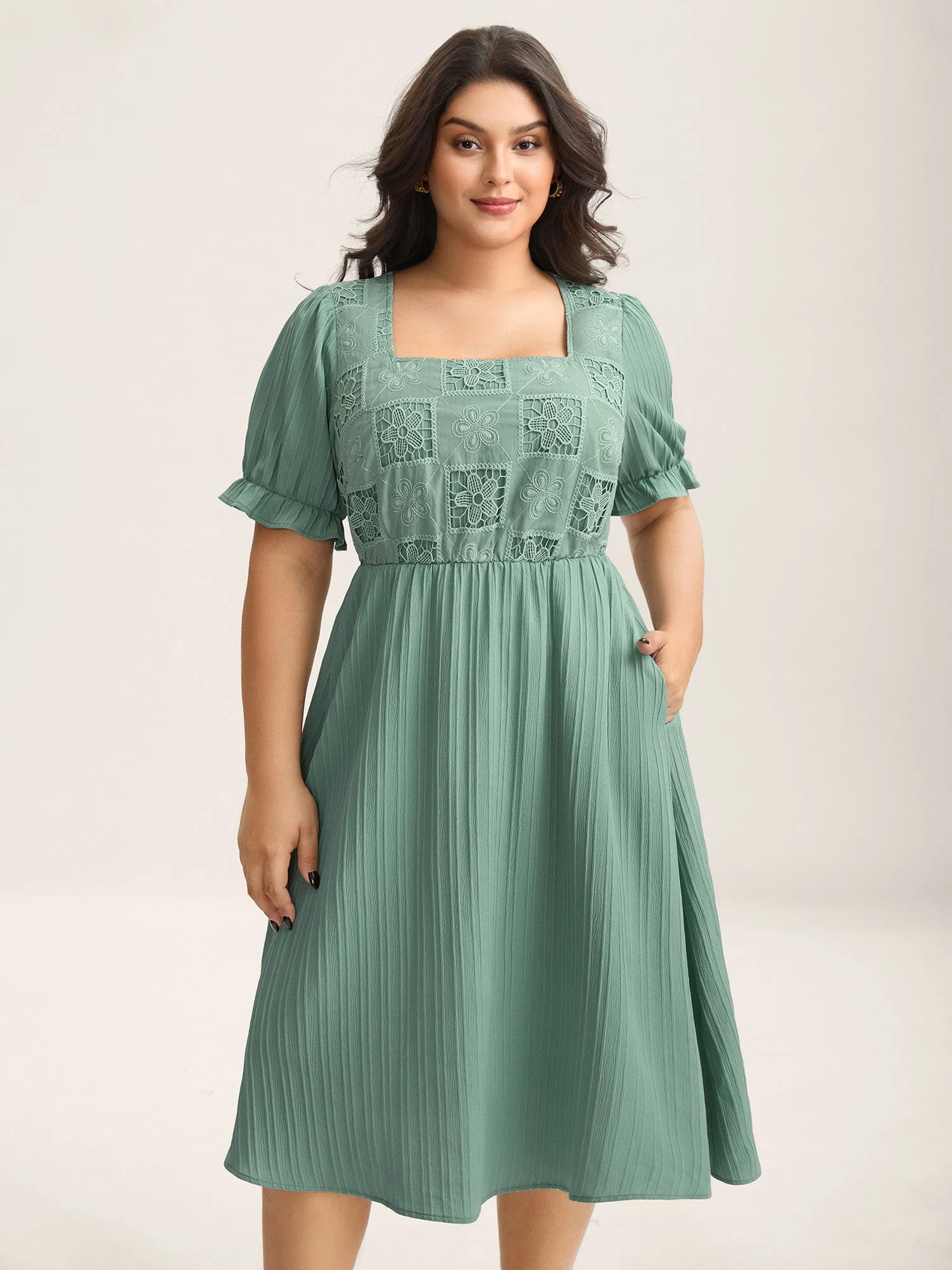 Lace Cut-Out Pockets Midi Dress sold by Bloomchic