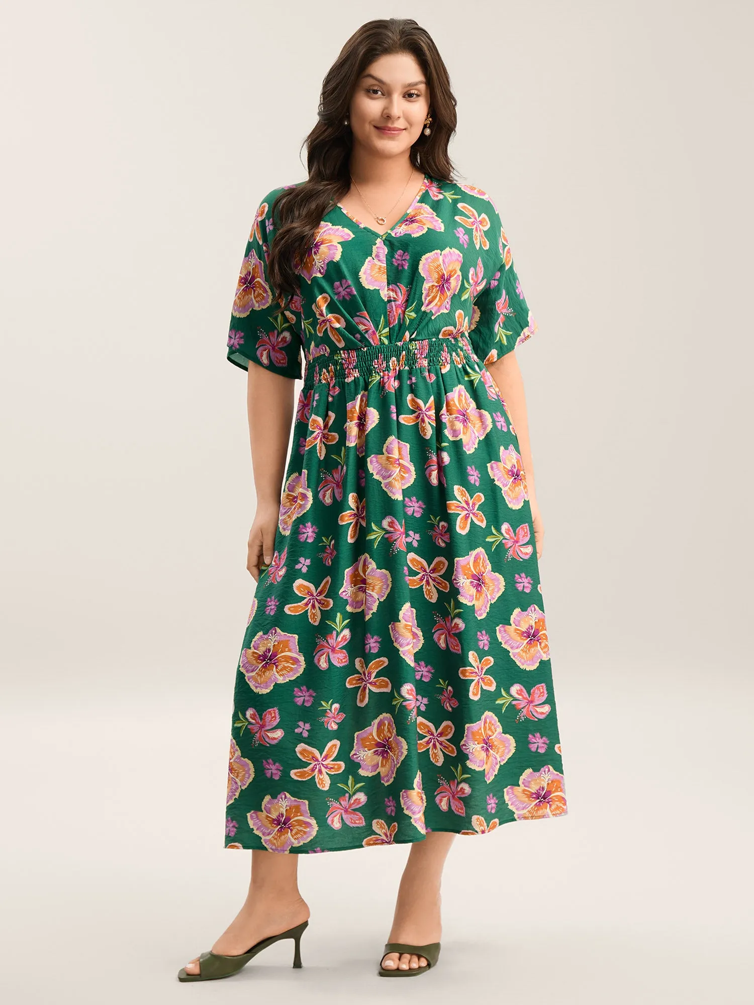Large Floral Print Shirred Waist Midi Dress sold by Bloomchic product image thumbnail 2