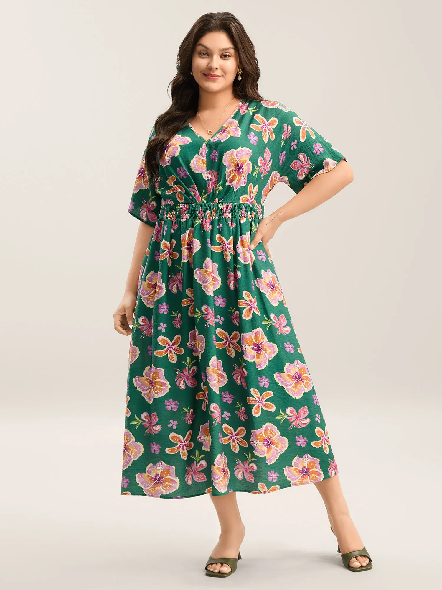 Large Floral Print Shirred Waist Midi Dress sold by Bloomchic product image thumbnail 3