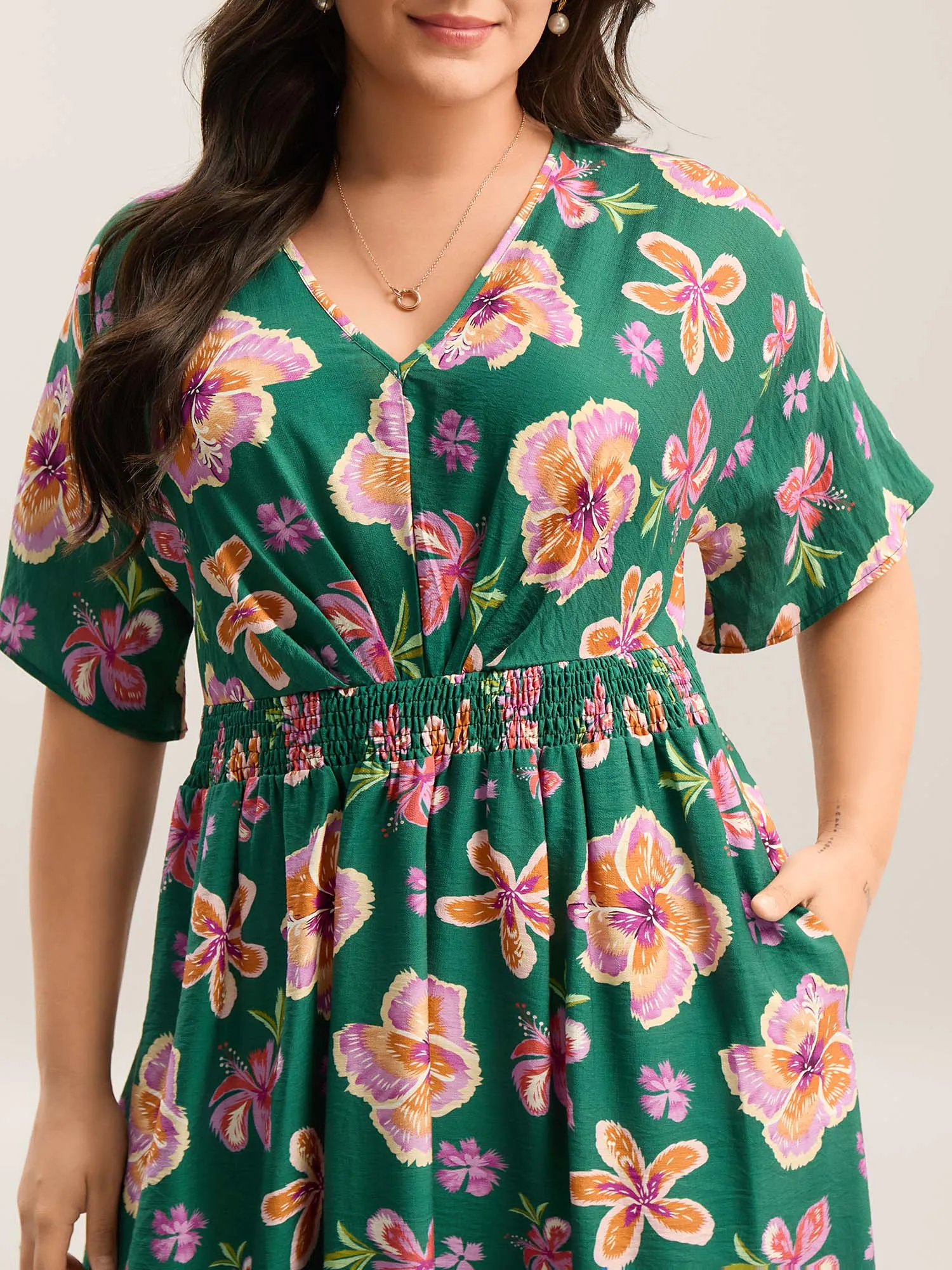Large Floral Print Shirred Waist Midi Dress sold by Bloomchic