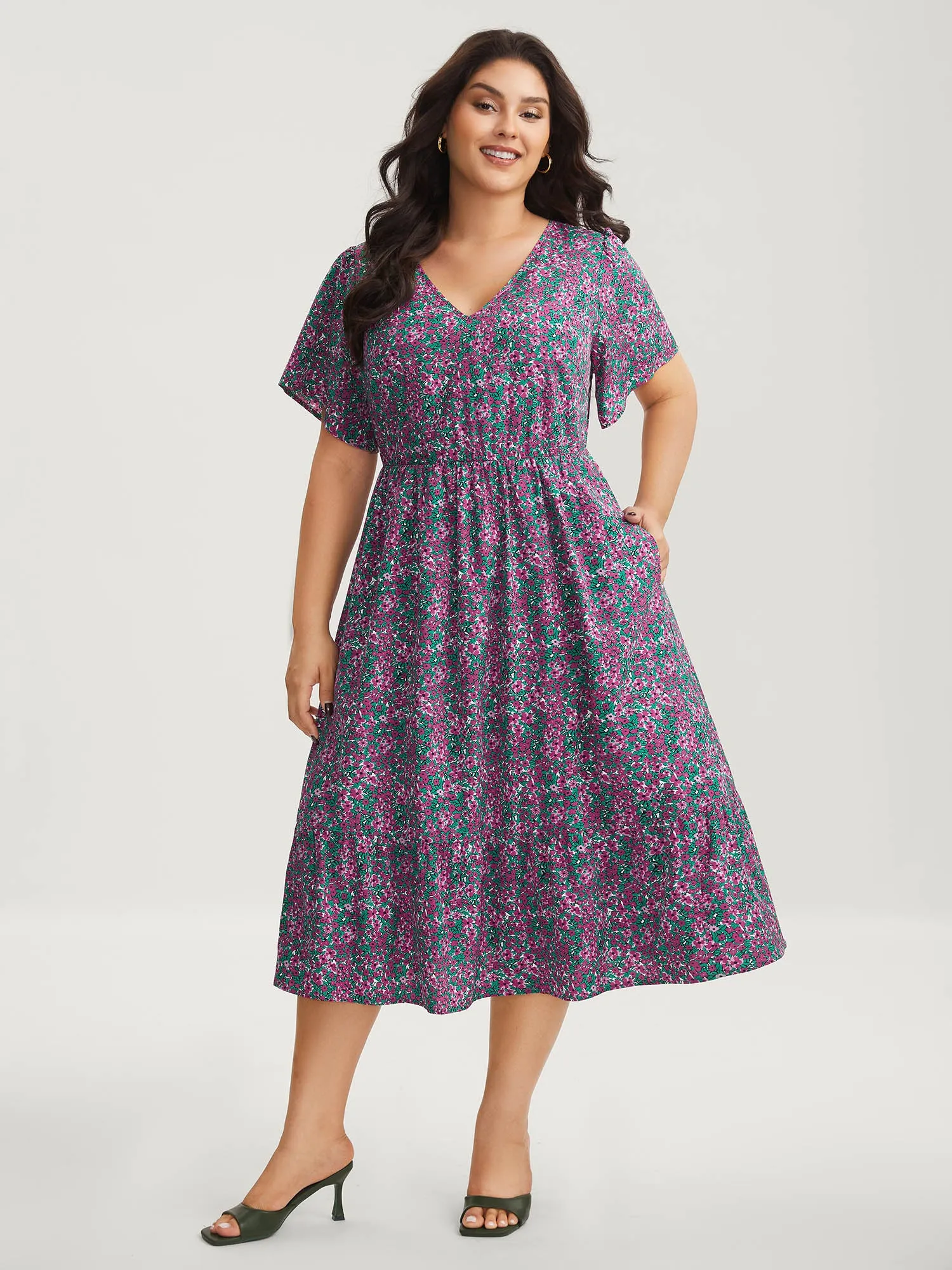 Floral Print V-Neck Tiered Midi Dress sold by Bloomchic